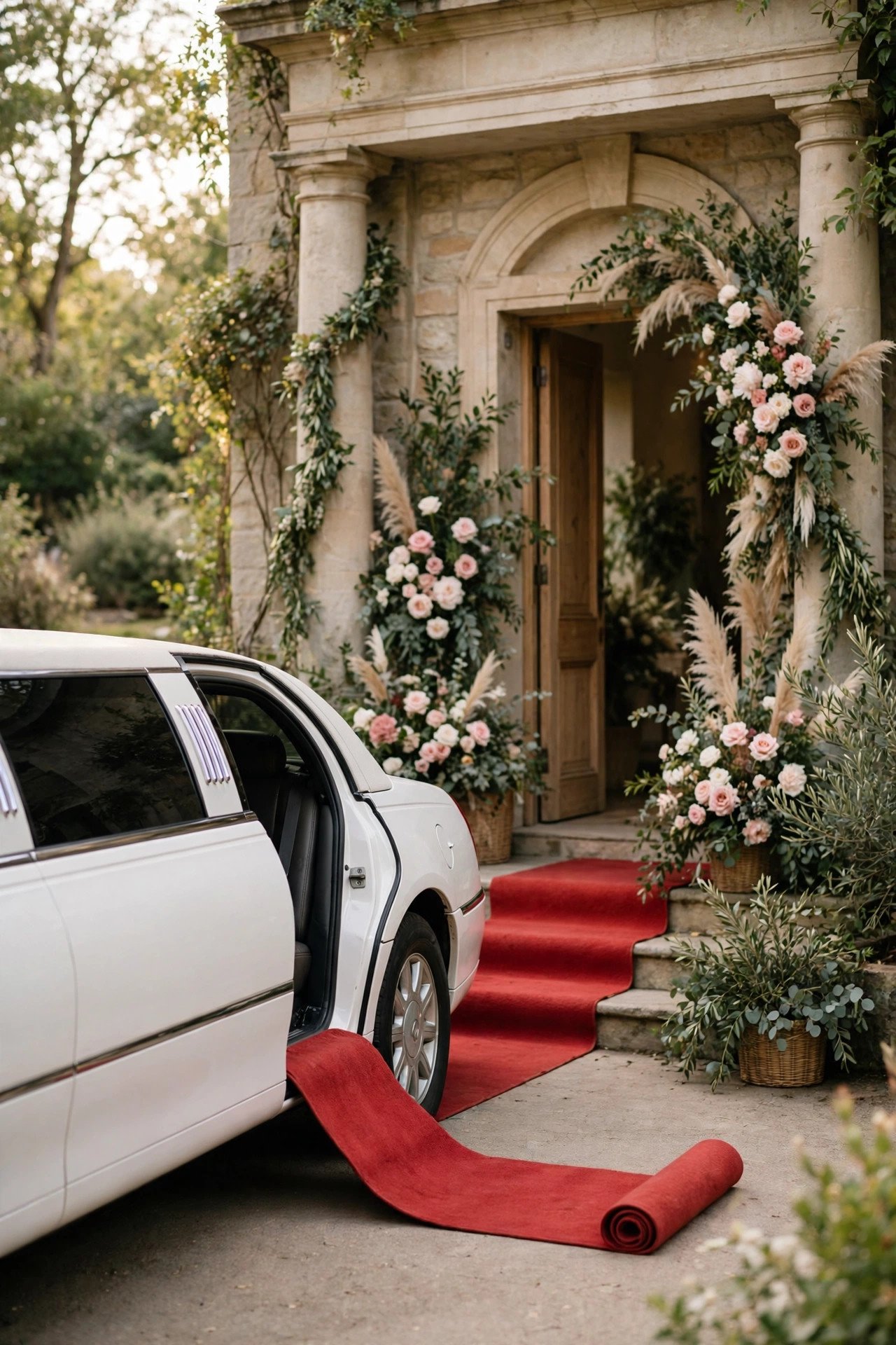 White limousine with a red carpet rolled to its door at a venue entrance