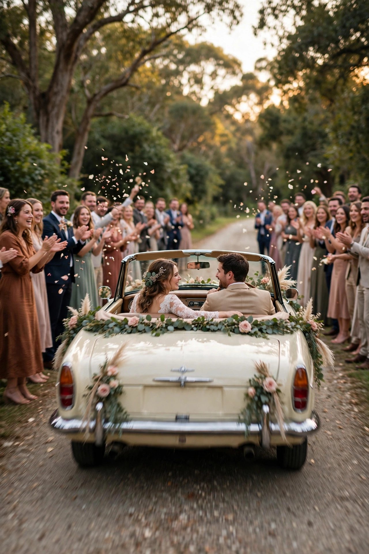 Couple driving away in a decorated vintage convertible through a line of cheering guests