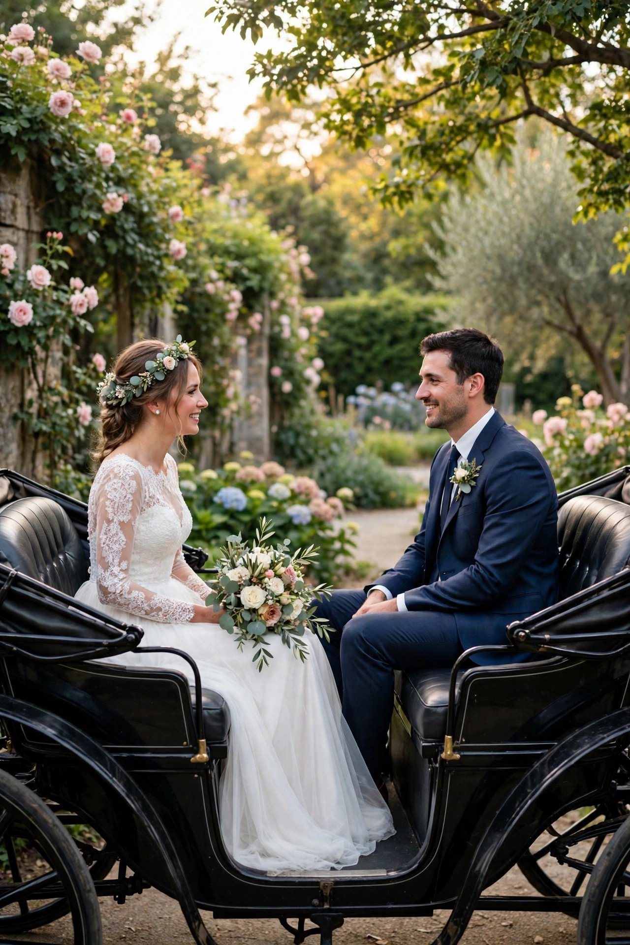 Vis-à-vis carriage with facing seats carrying a couple through a garden