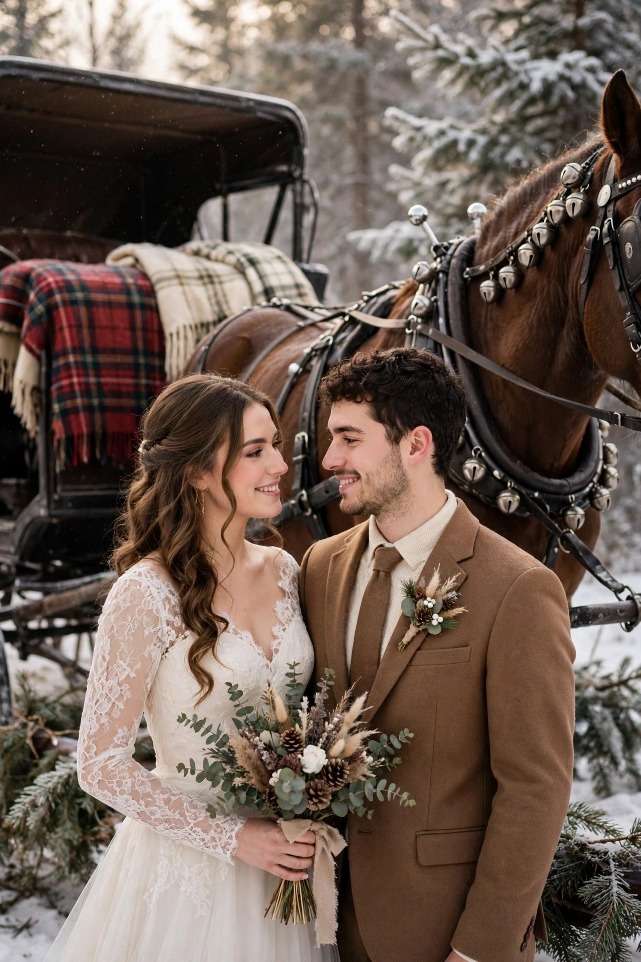Carriage with plaid blankets and sleigh bells on the horse harness in winter