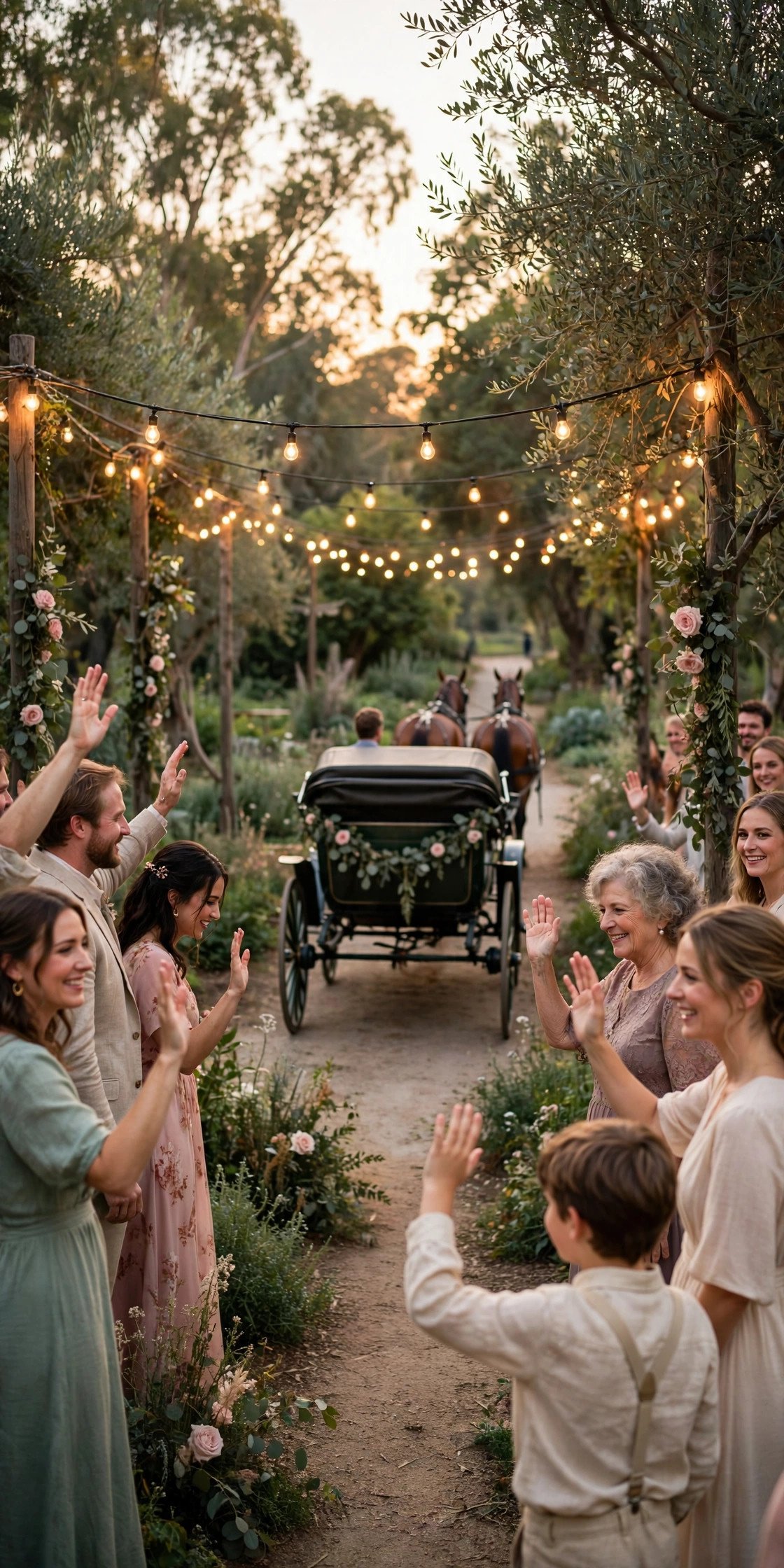 Carriage departing under string lights as guests wave goodbye