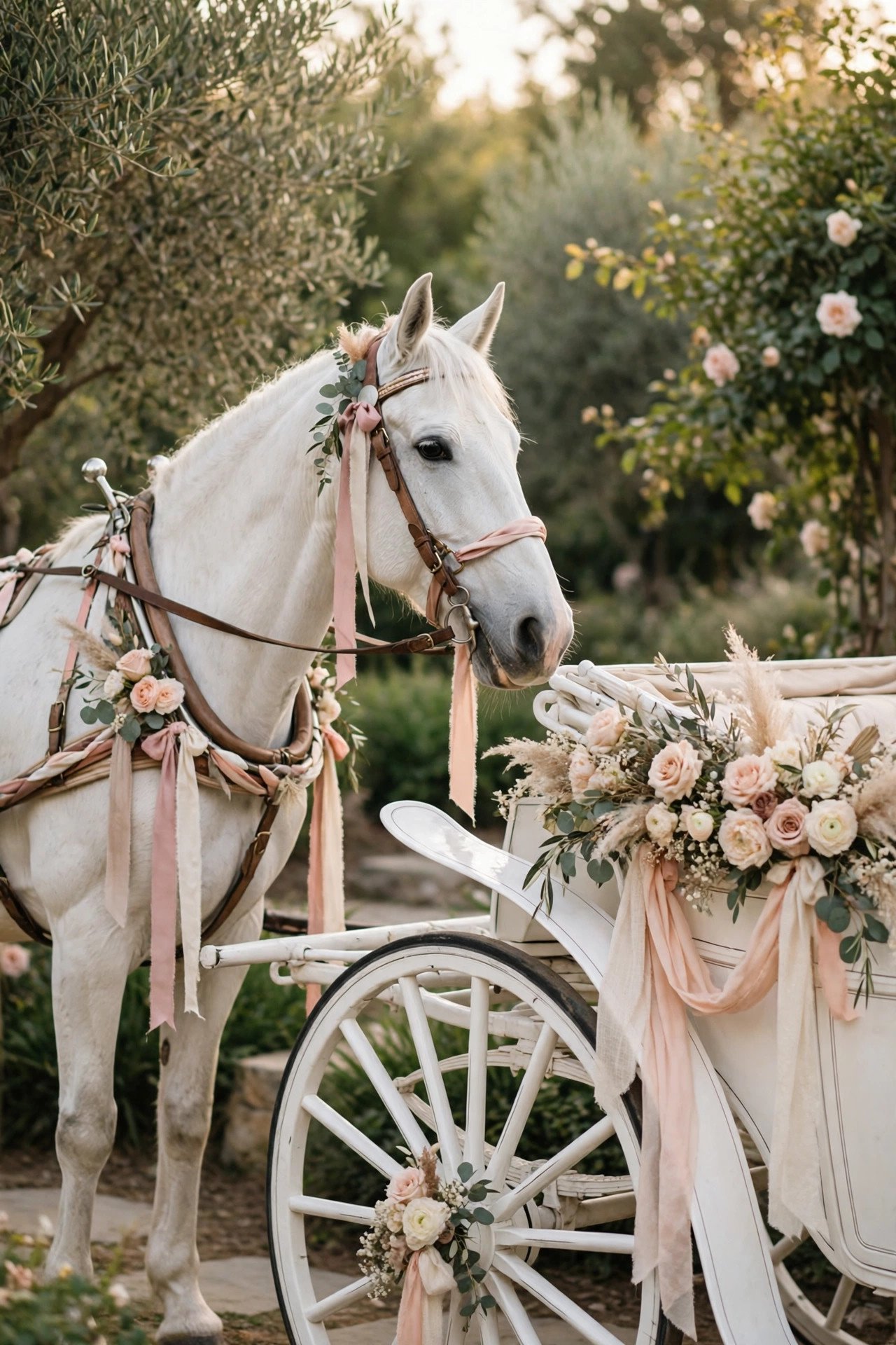 White horse with ribbons in the wedding palette harnessed to a carriage