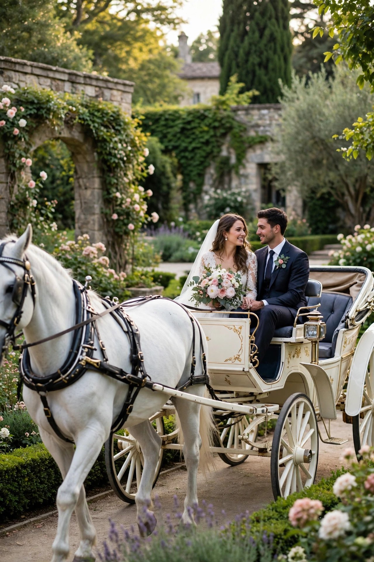 White horse drawing an elegant carriage with a bride and groom past a garden venue
