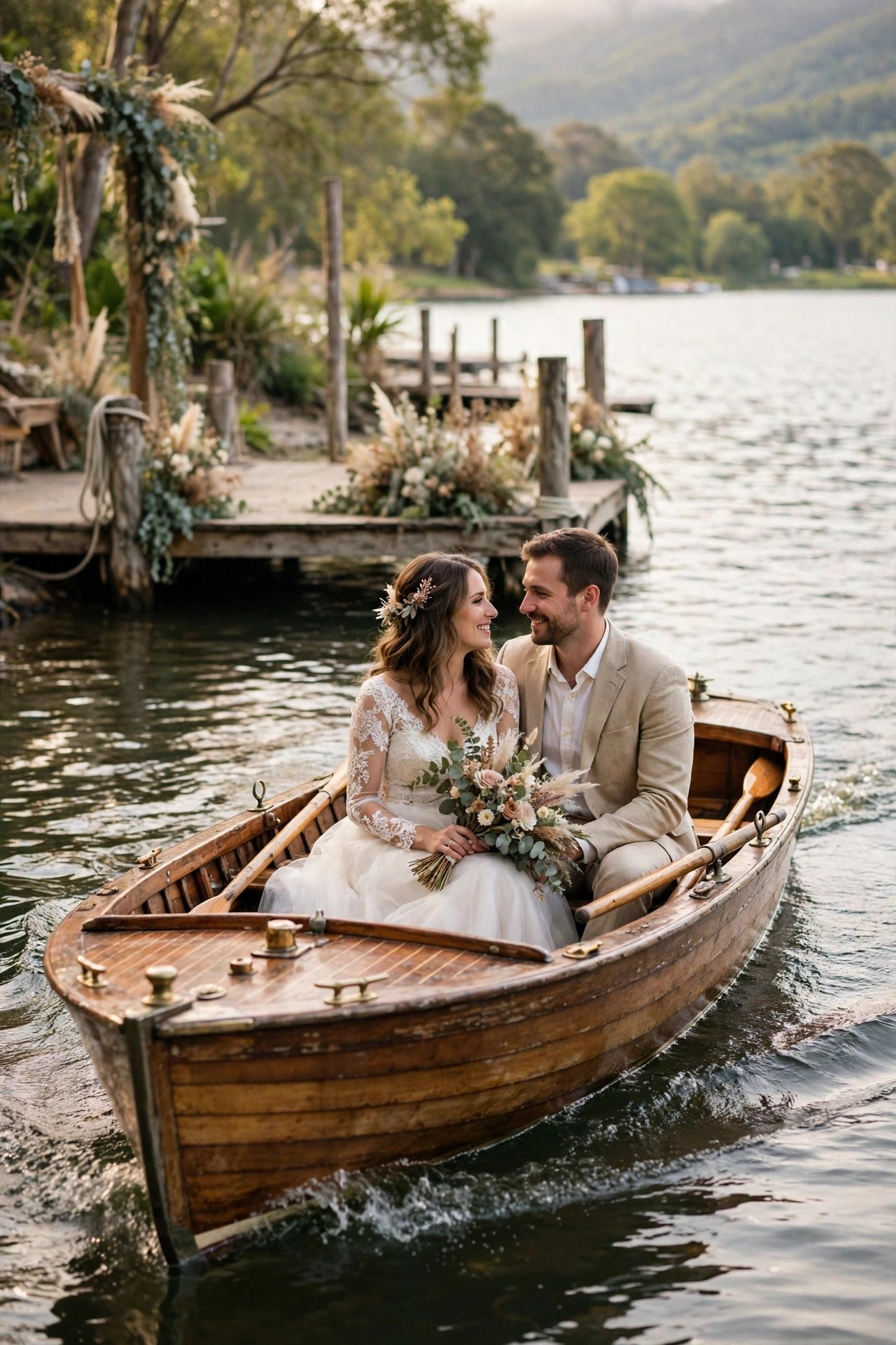 Vintage wooden launch boat carrying a couple away from a lakeside dock