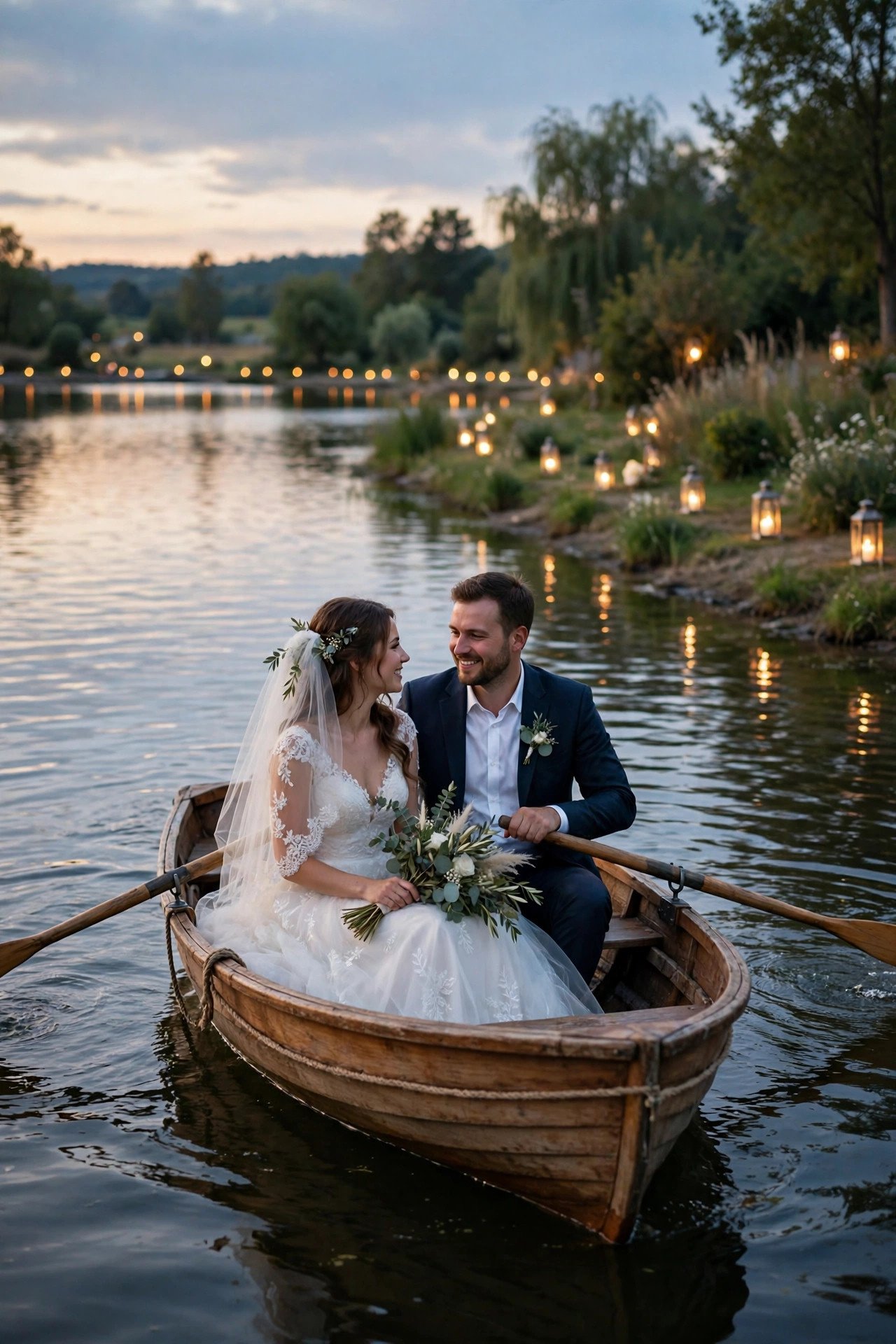 Couple in a small rowboat crossing a calm lake at dusk with lanterns on shore