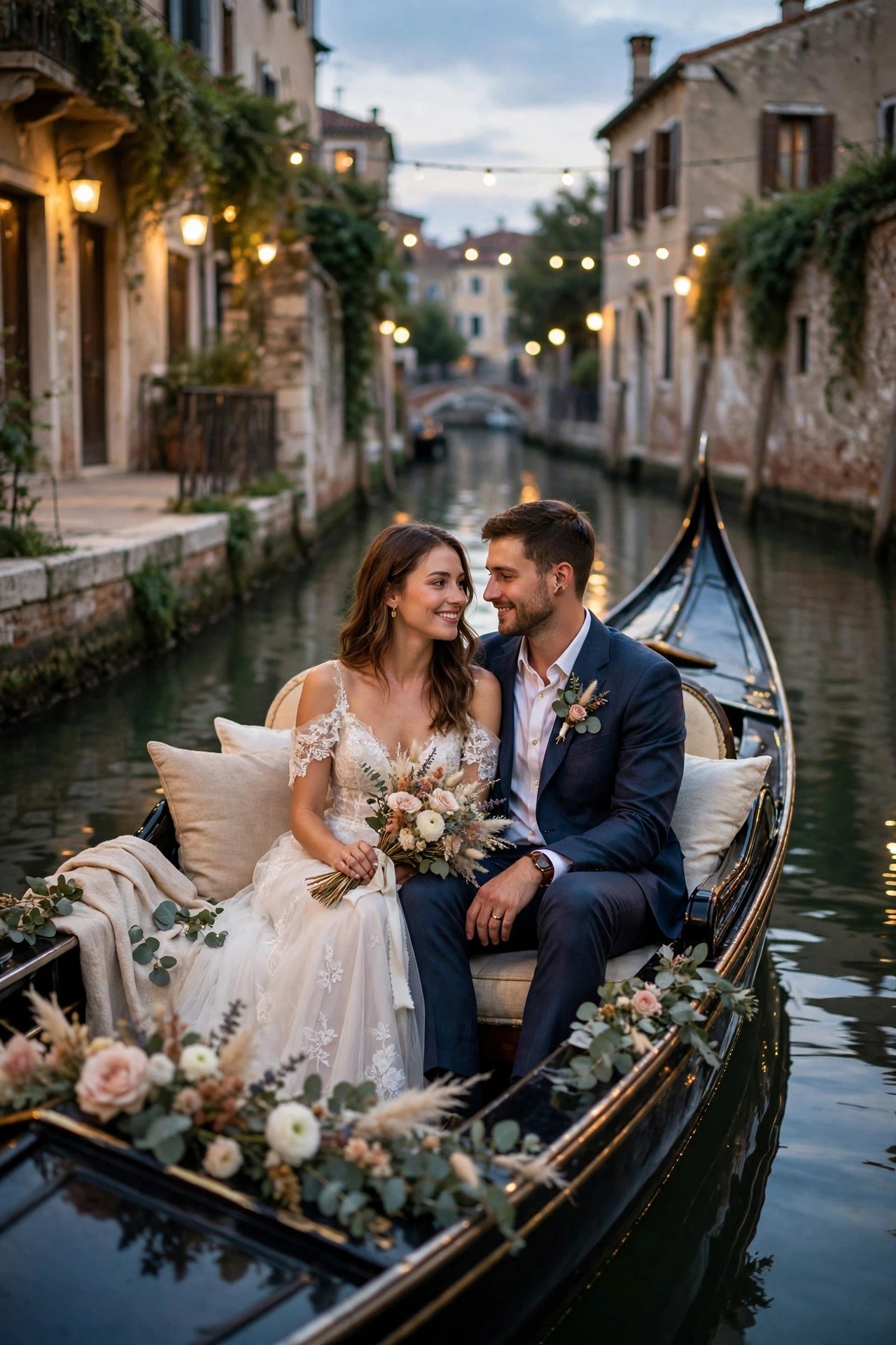 Gondola-style boat carrying a couple along a calm canal at dusk