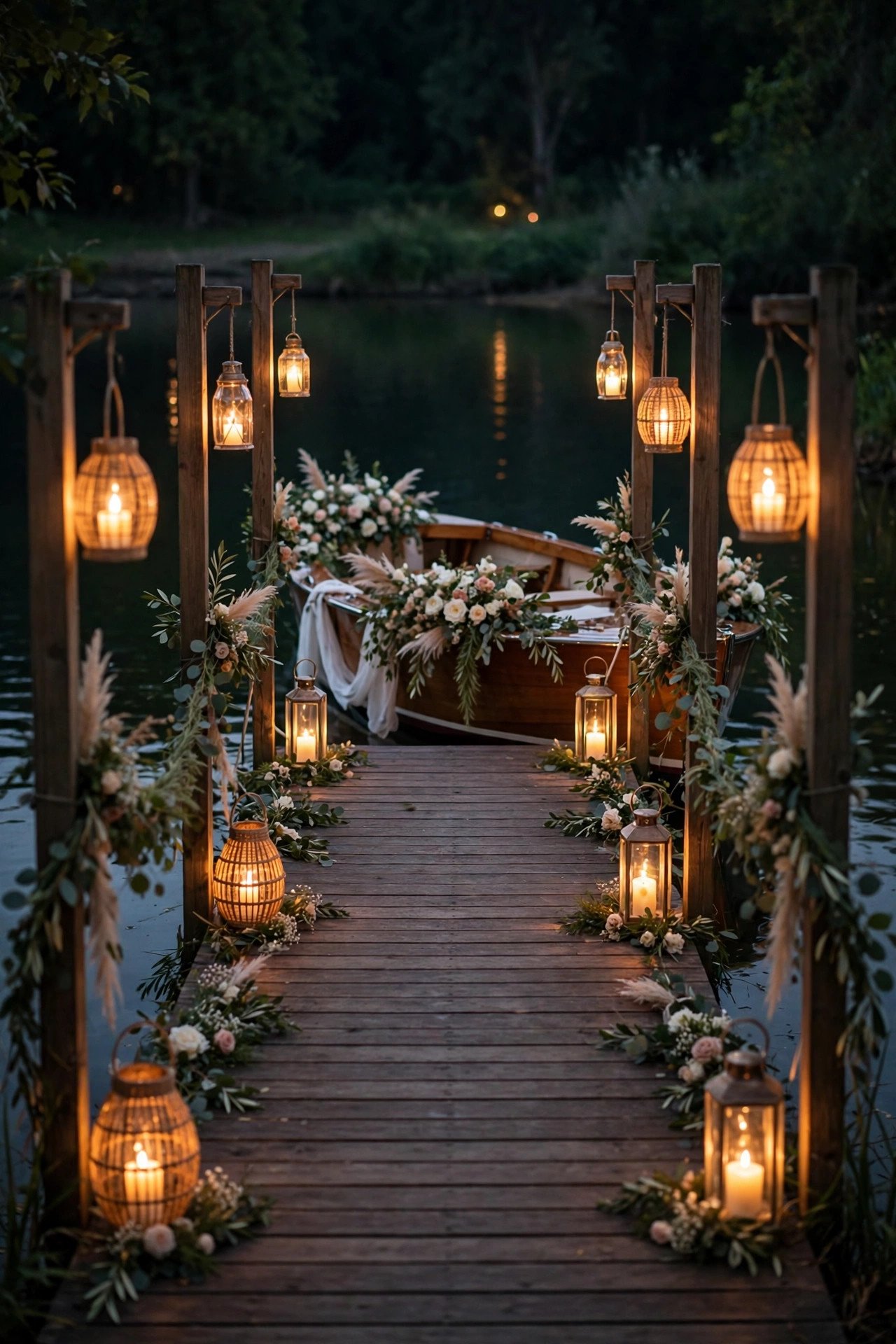 Lantern-lined dock leading to a waiting wedding boat at night