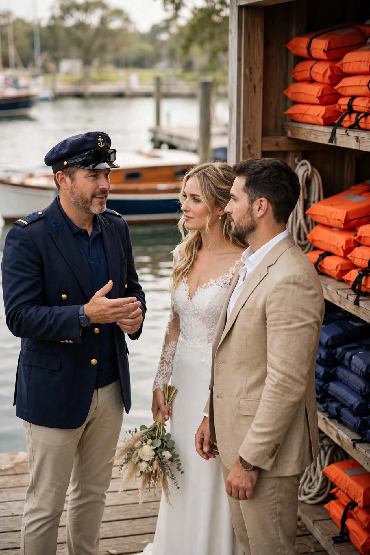 Captain briefing a couple at the dock with life jackets stored neatly nearby