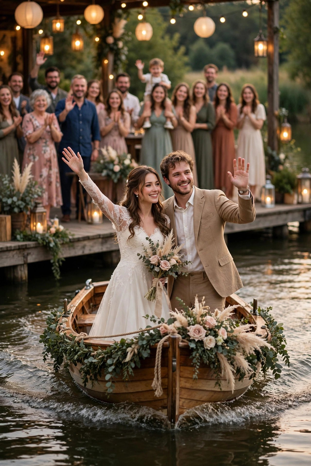Couple waving from a decorated boat leaving a lantern-lit dock as guests cheer