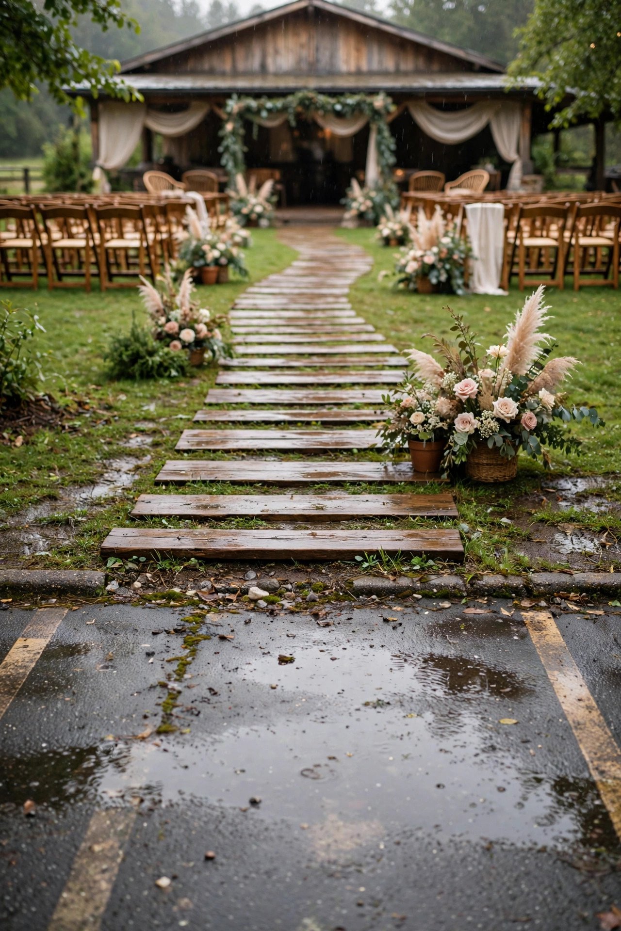 Plan a Rain and Mud Backup Lot — wedding idea illustrated for Wedding Guest Parking Ideas