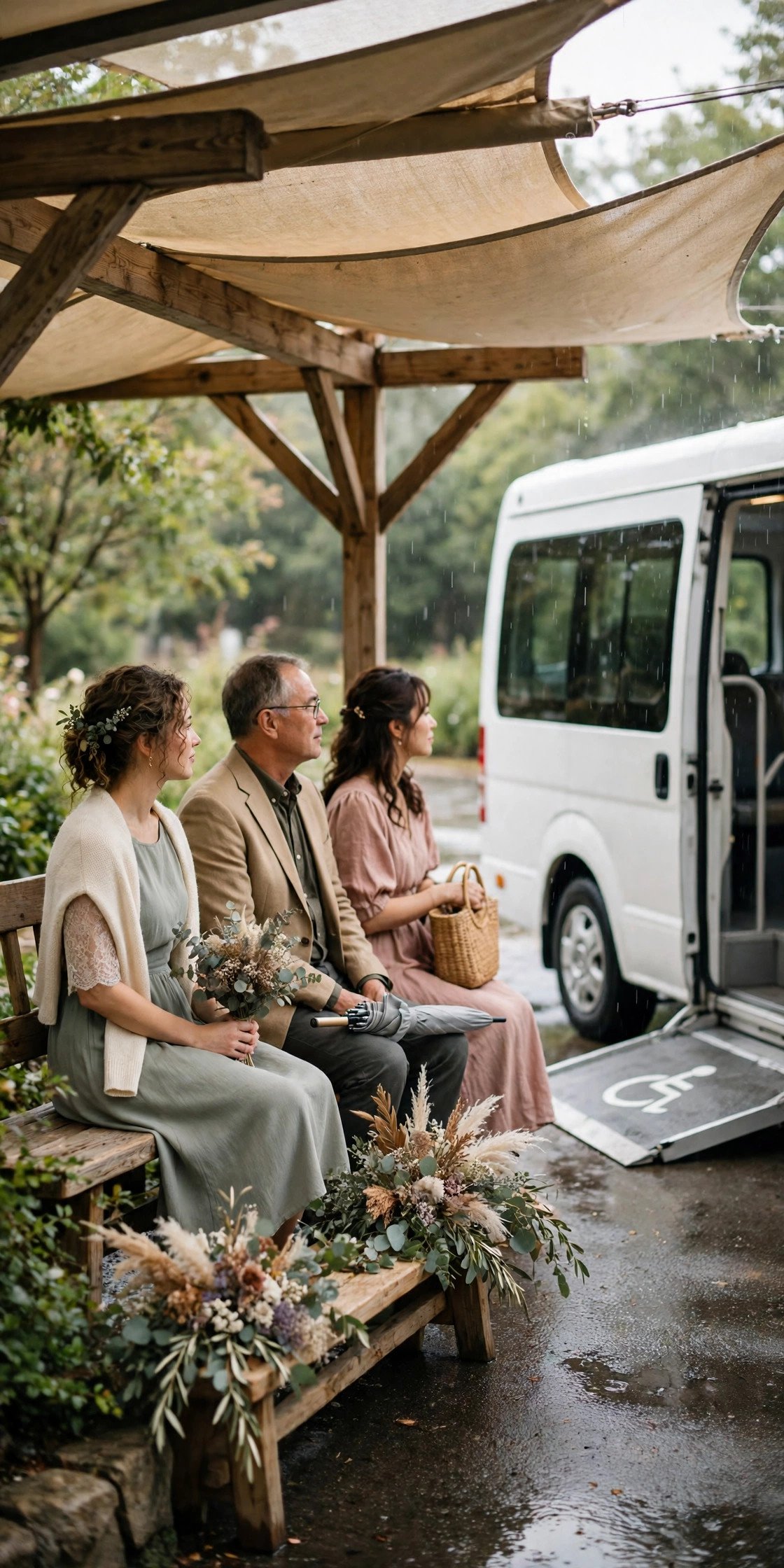 Plan Weather Protection at Pickup Points — wedding idea illustrated for Accessible Wedding Transportation Tips