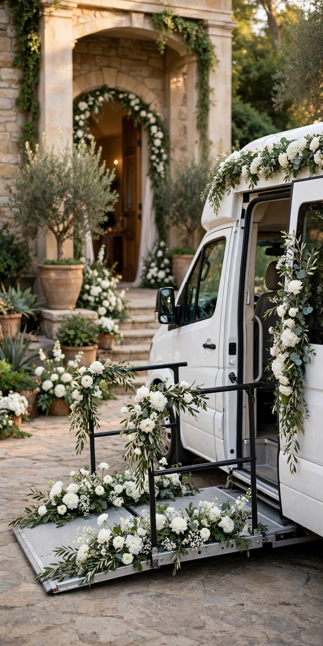 Wheelchair-accessible wedding shuttle with lift deployed at a venue entrance