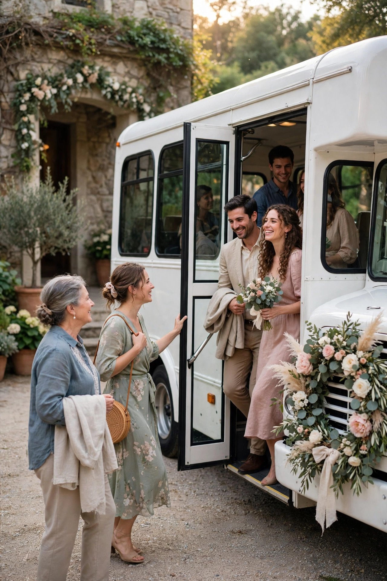 Wedding shuttle arriving at a venue entrance with guests boarding