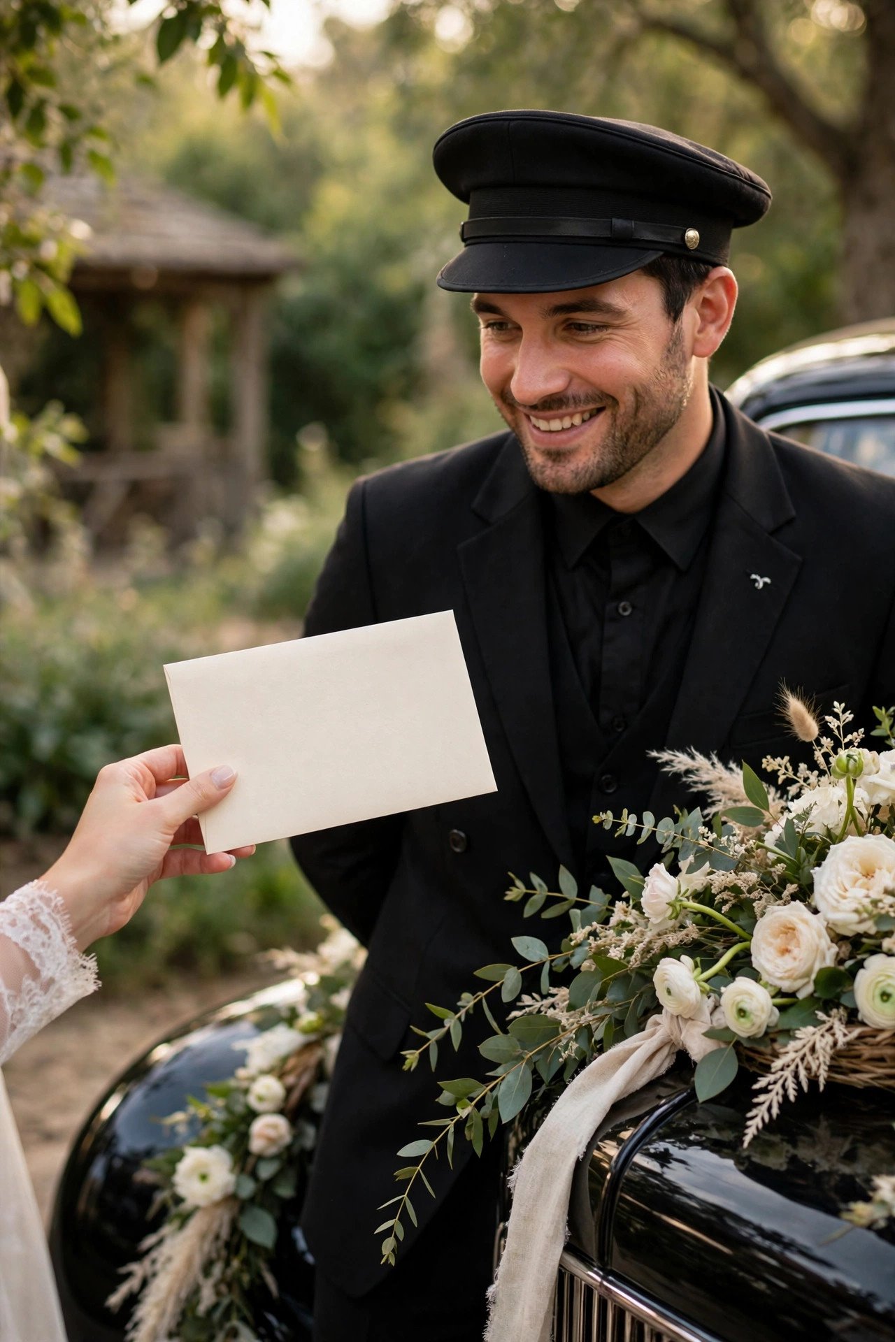 Hand presenting a labeled tip envelope to a smiling wedding chauffeur