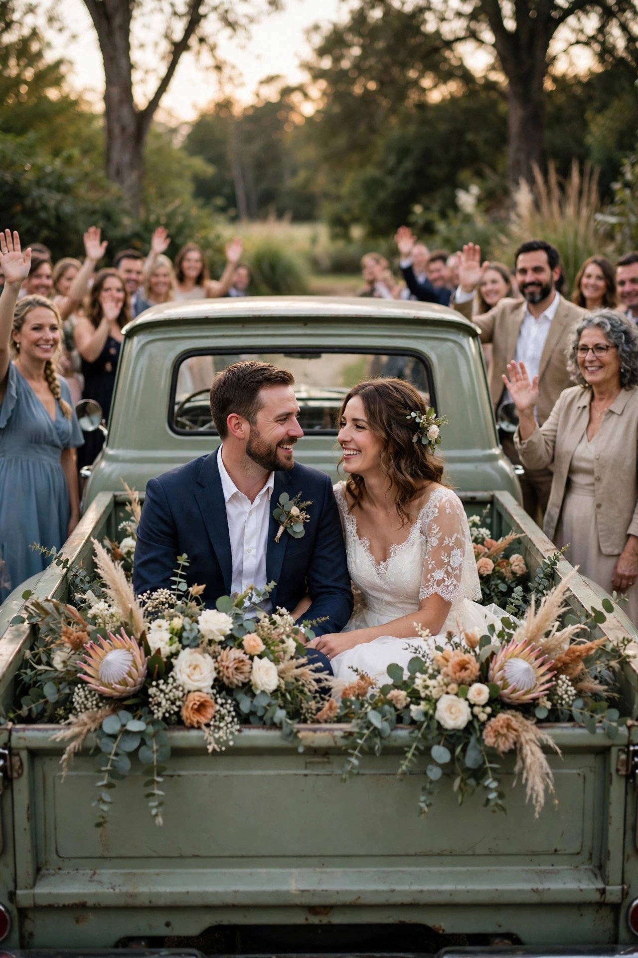 Classic Pickup Truck Exit — wedding idea illustrated for 15 Wedding Send-Off Transportation Ideas