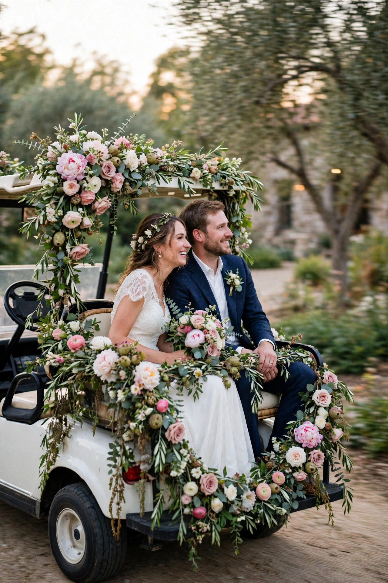 Golf Cart Covered in Flowers — wedding idea illustrated for 15 Wedding Send-Off Transportation Ideas