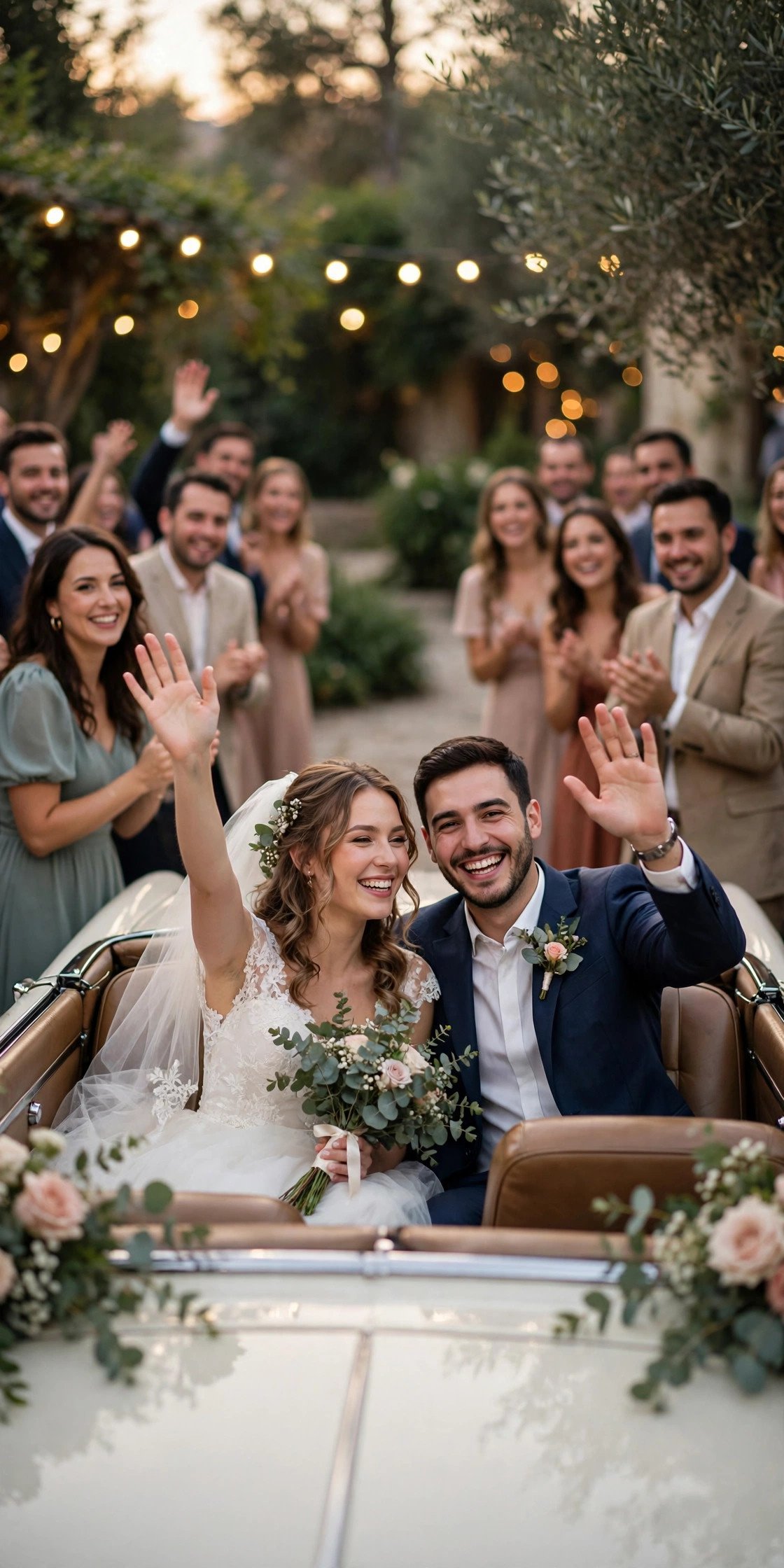 Couple waving from a vintage convertible during their wedding send-off