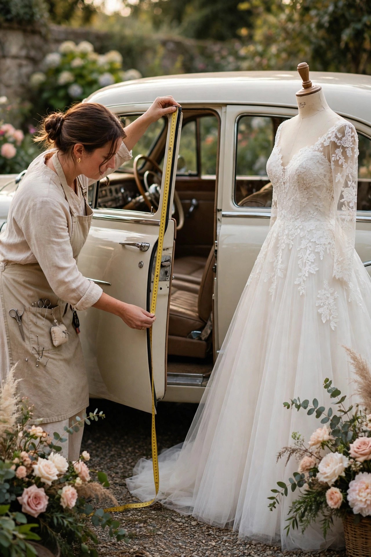 Measure Dress and Door Clearance — wedding idea illustrated for Renting a Classic Car for Your Wedding