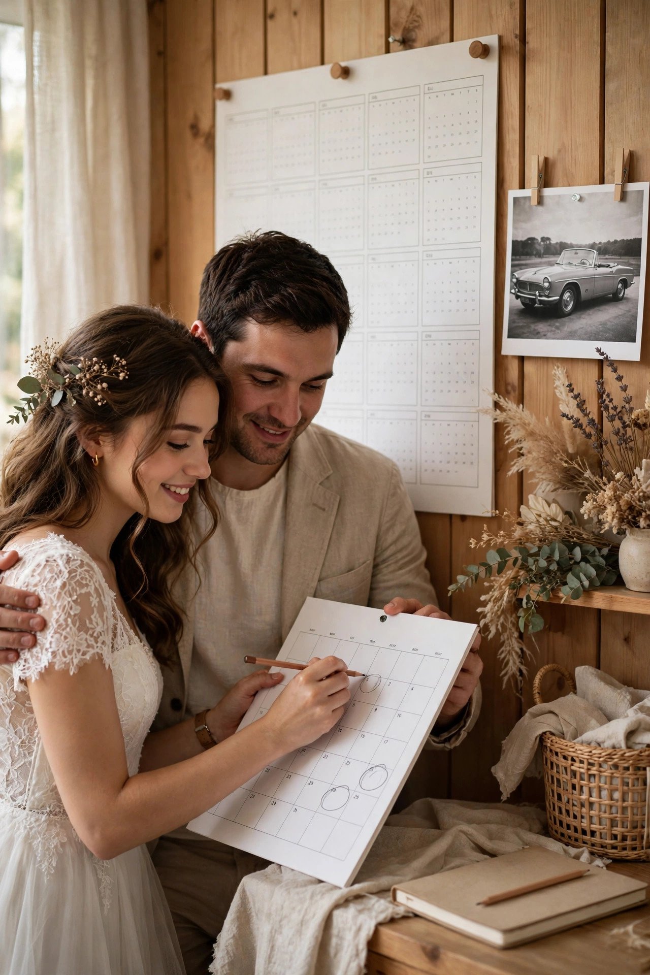 Book 9–12 Months Ahead — wedding idea illustrated for Renting a Classic Car for Your Wedding