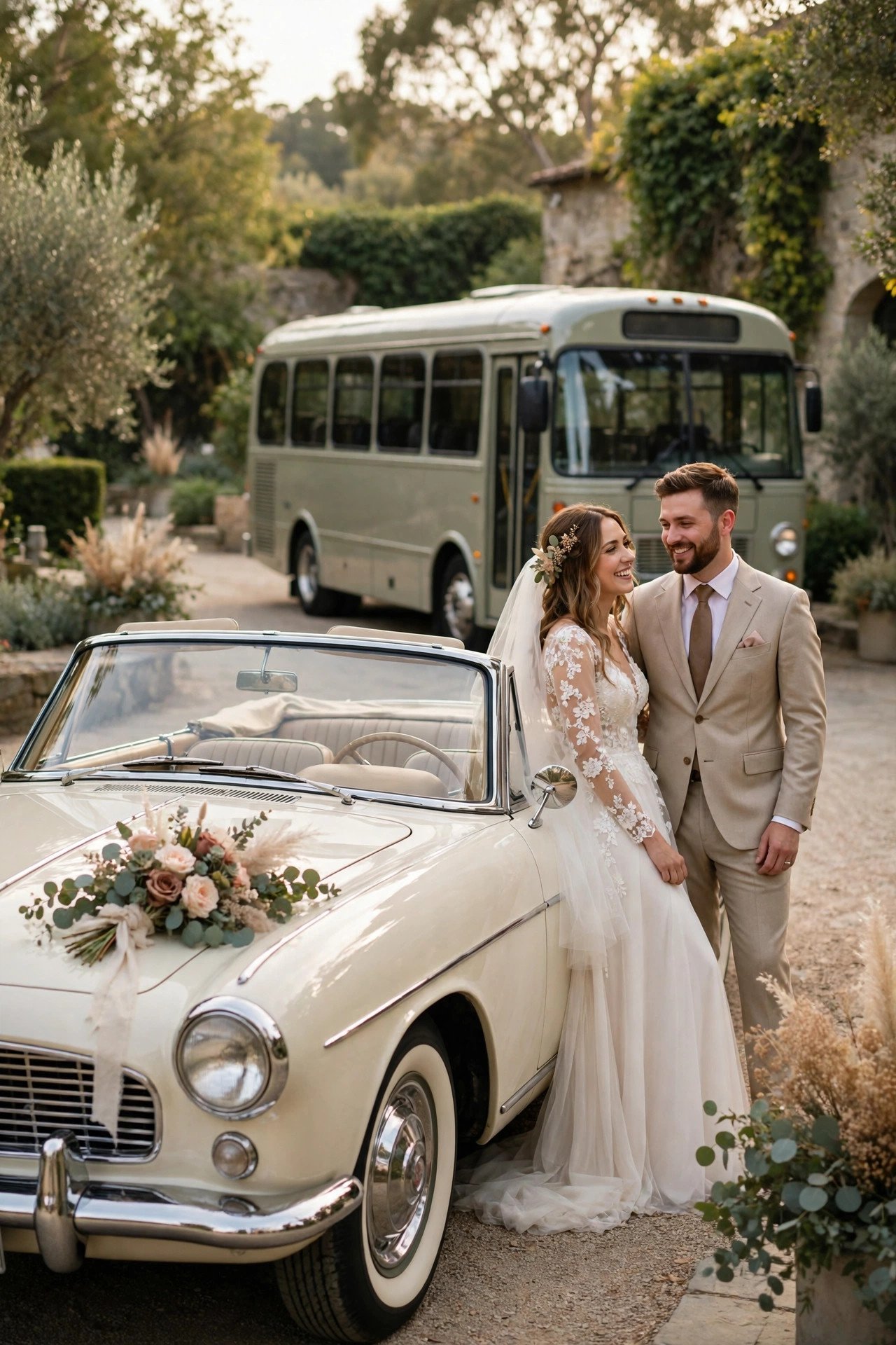 Think About Guest Shuttle Pairings — wedding idea illustrated for Renting a Classic Car for Your Wedding