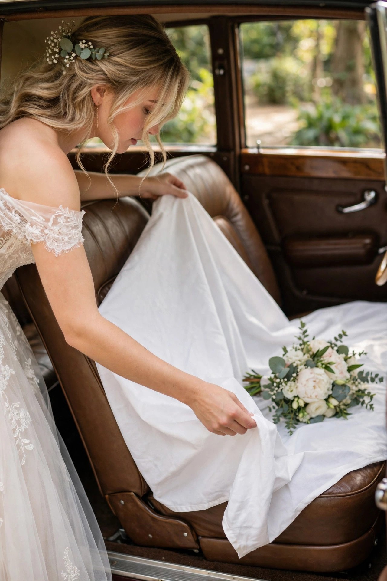 Protect the Car and Your Dress — wedding idea illustrated for Renting a Classic Car for Your Wedding