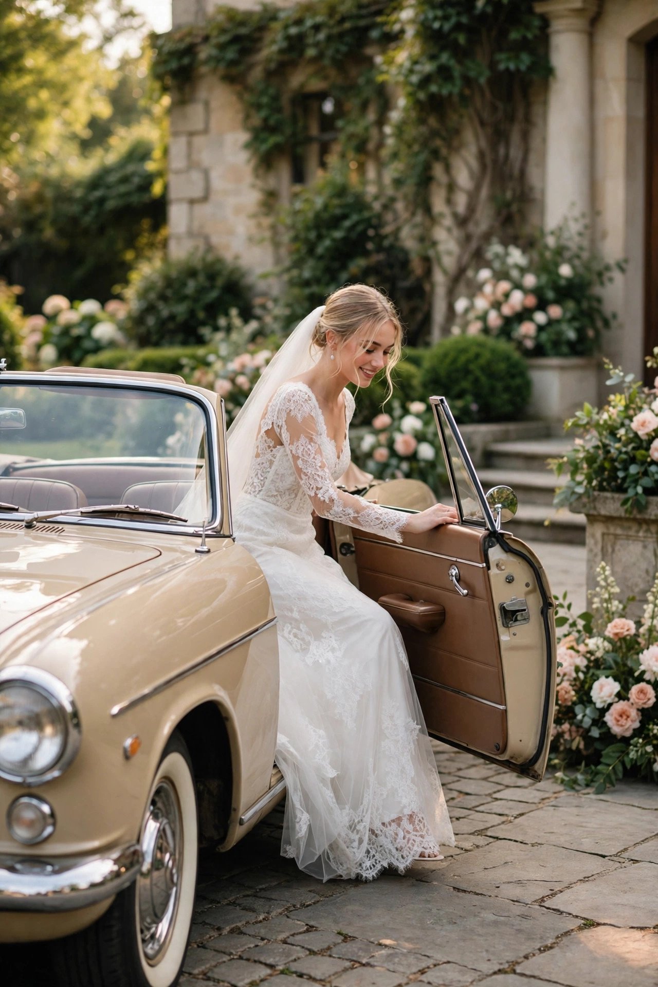 Bride stepping out of a vintage classic car outside a wedding venue