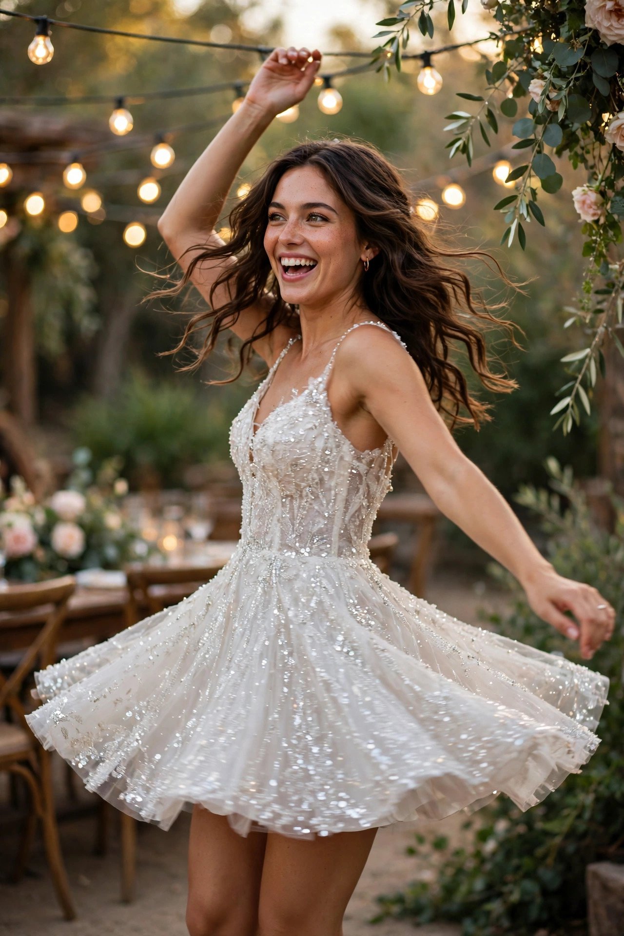 Bride dancing at her reception in a sparkling short reception dress
