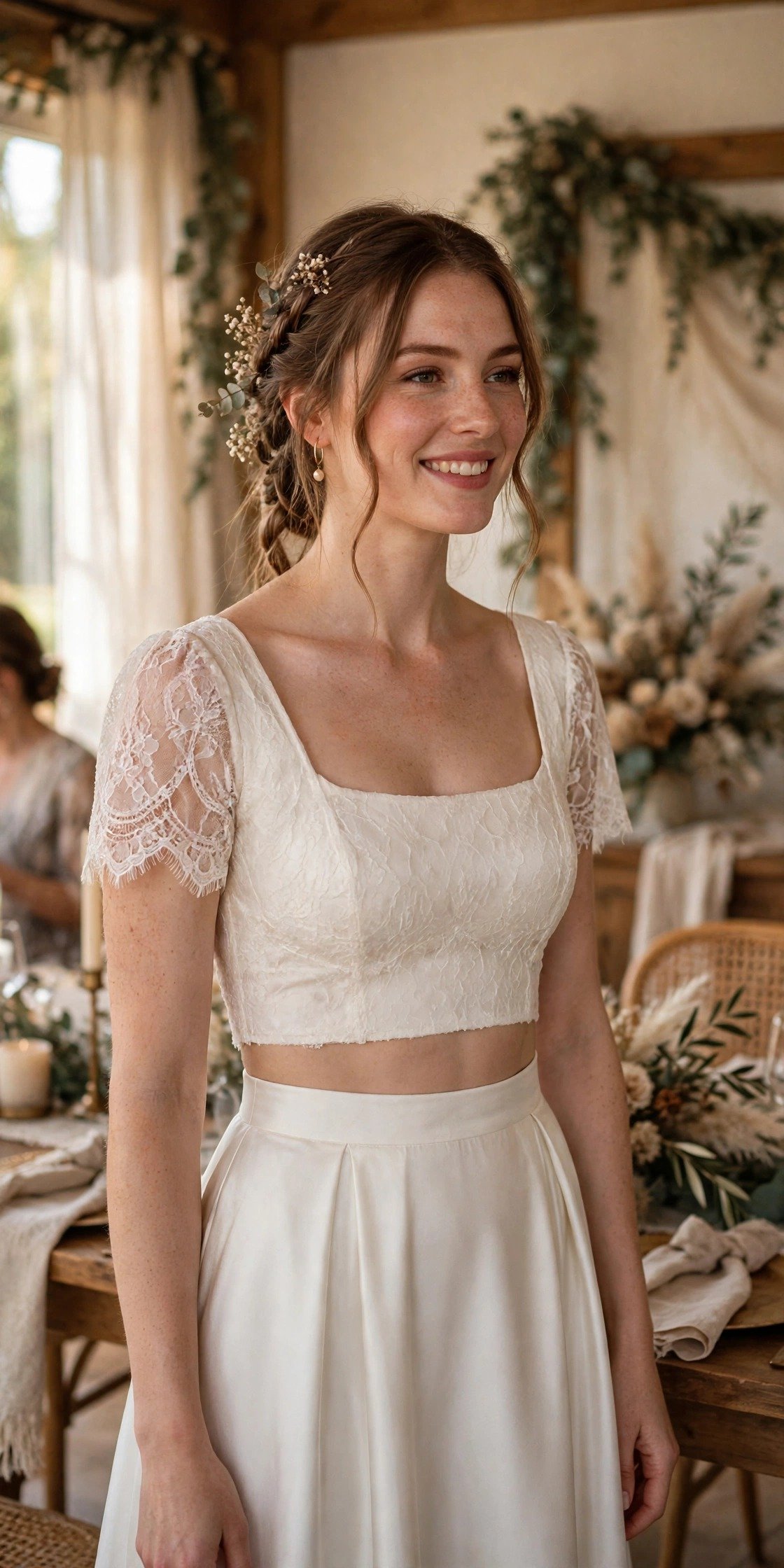 The Two-Piece Top Swap — bride wearing this look at a wedding reception