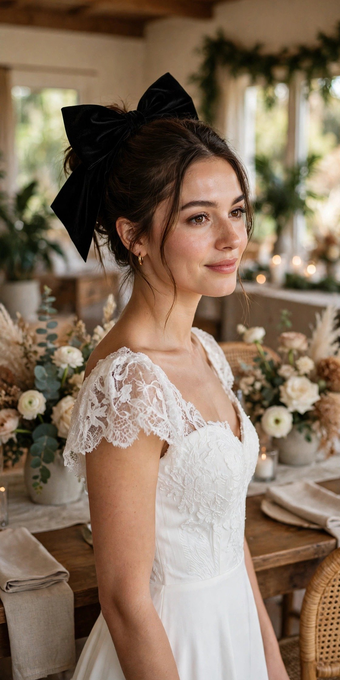 Veil Off, Statement Bow On — bride wearing this look at a wedding reception