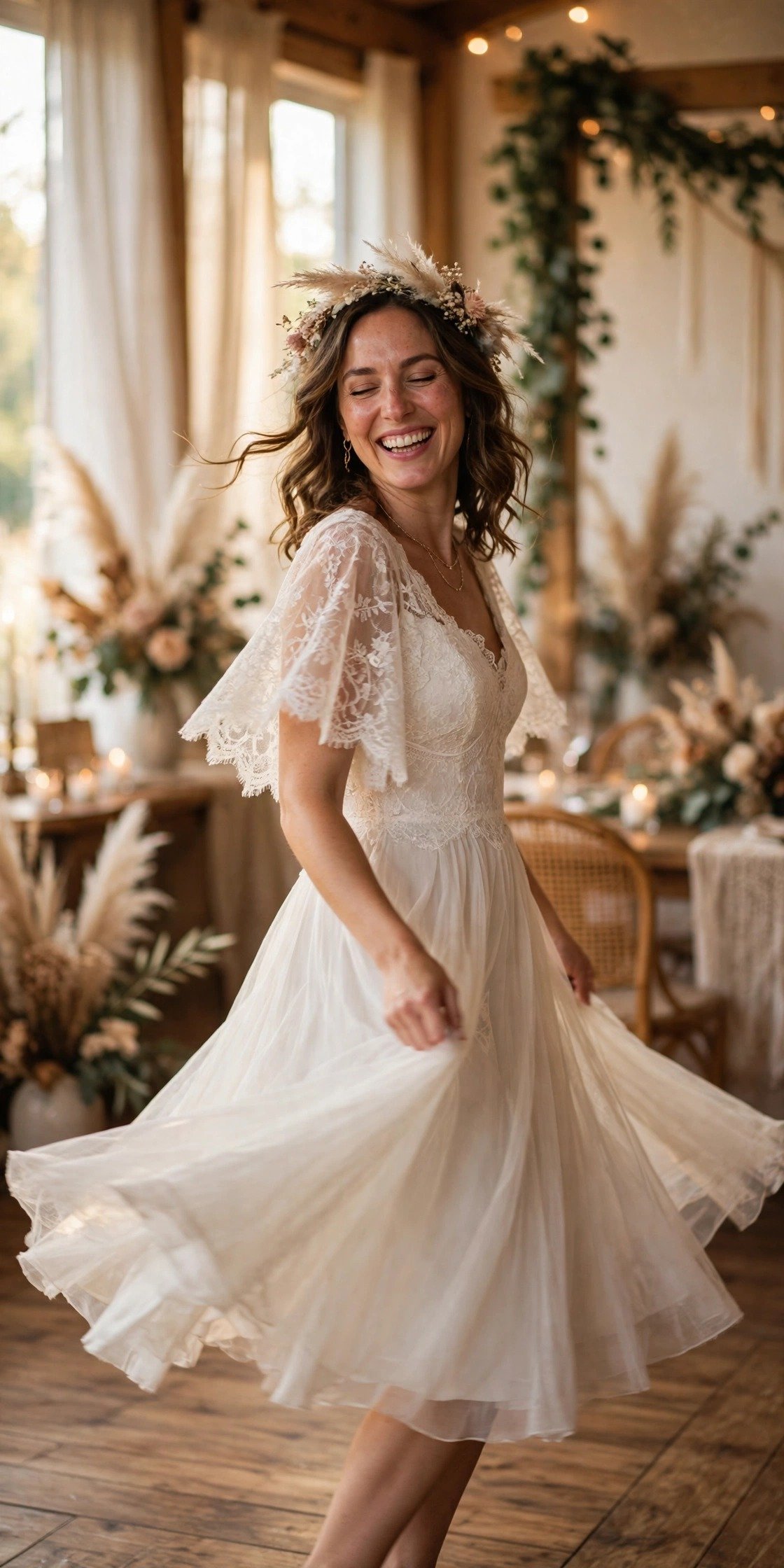 Bride in a joyful second wedding look twirling on a reception dance floor