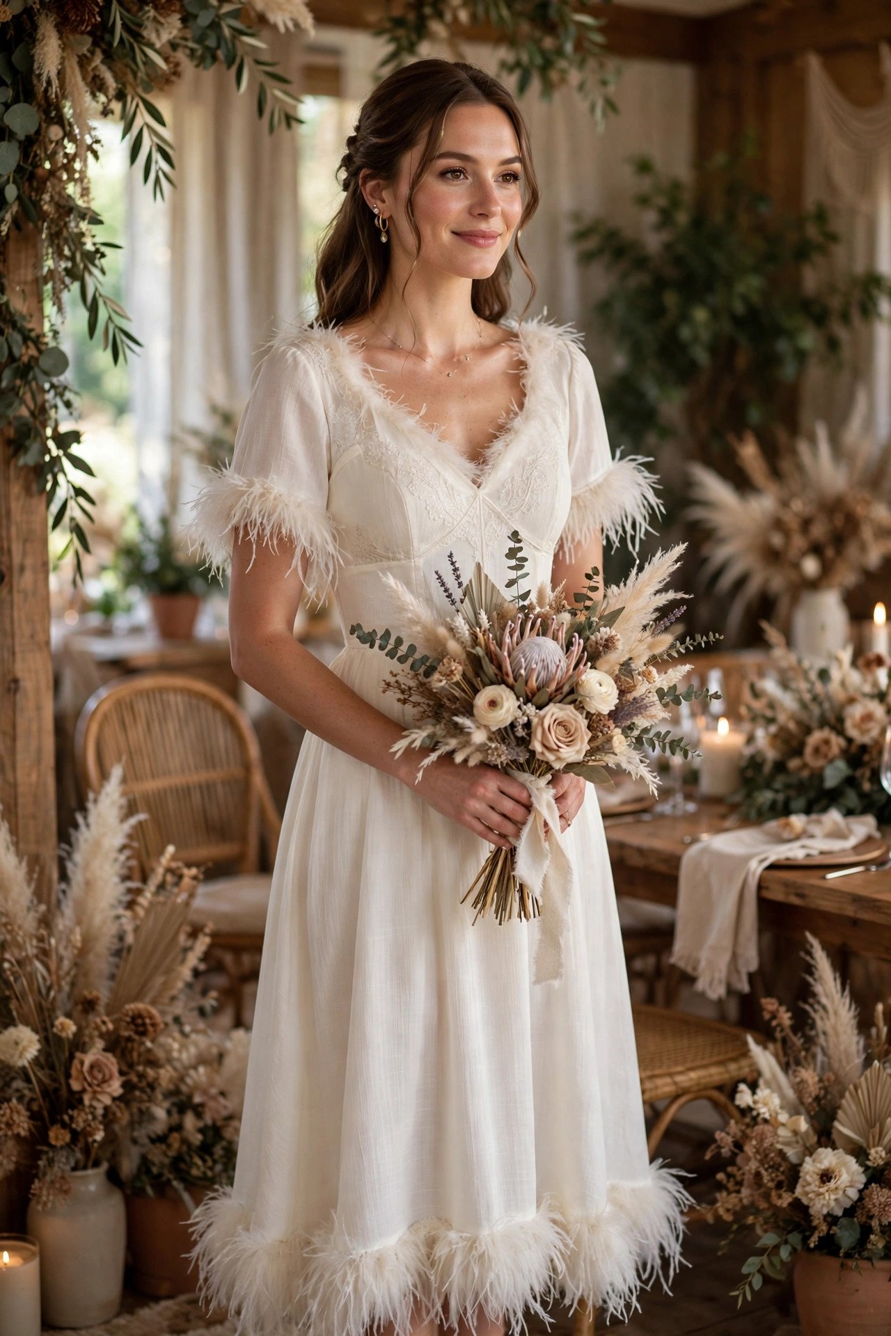 Feather-Trim Midi Dress — bride wearing this look at a wedding reception