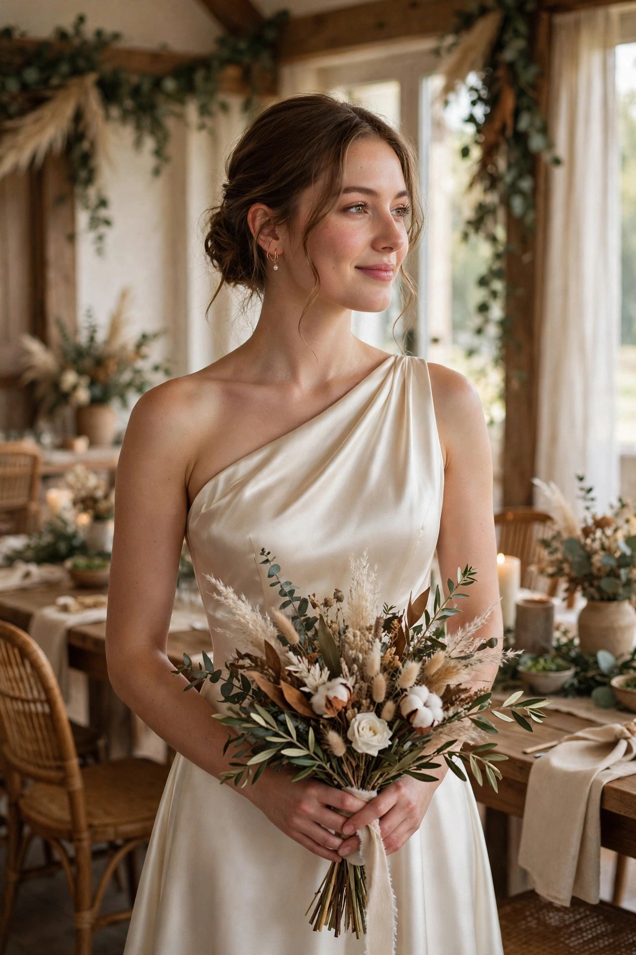 One-Shoulder Satin Gown — bride wearing this look at a wedding reception