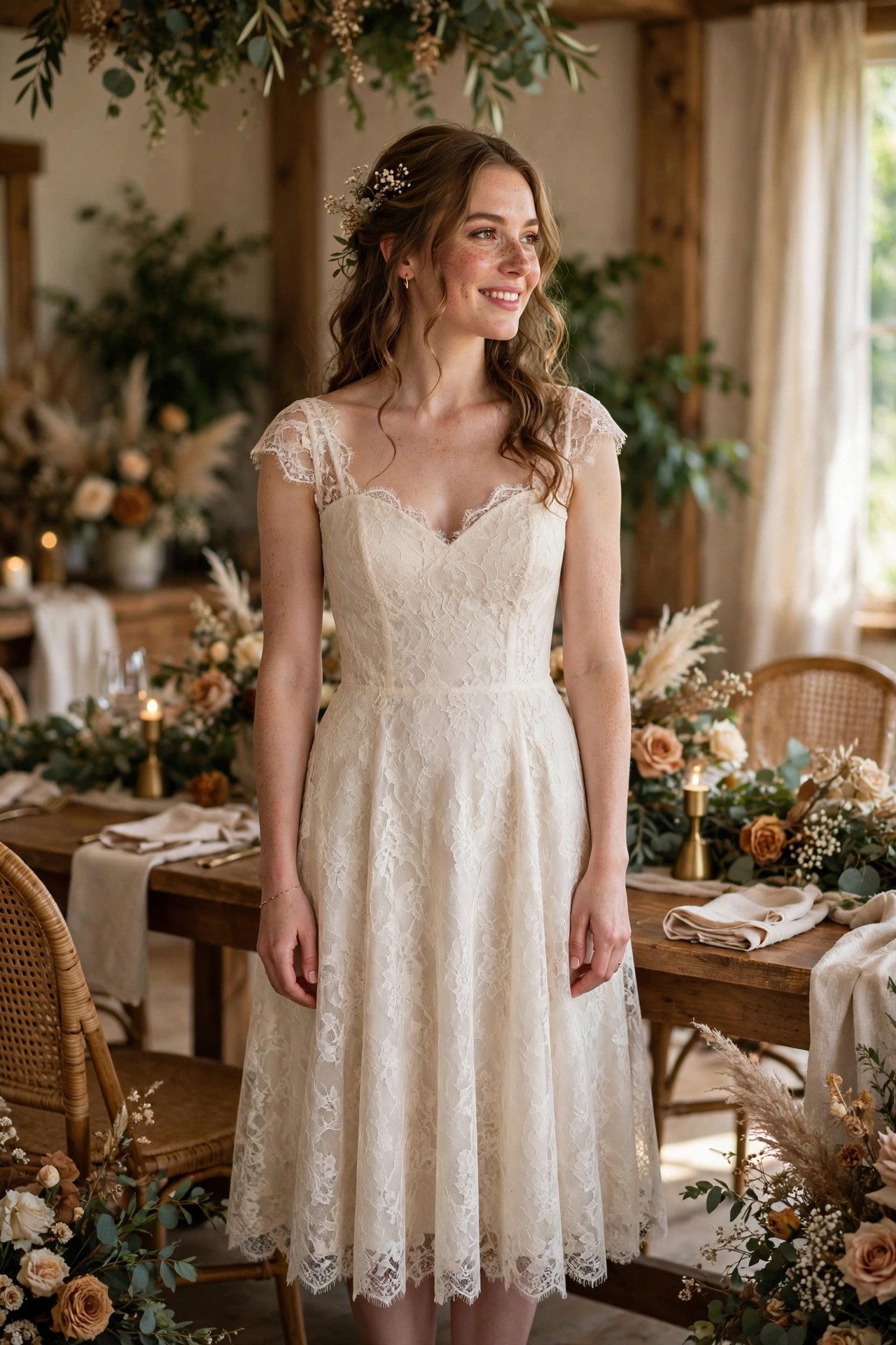 Lace Tea-Length Dress — bride wearing this look at a wedding reception