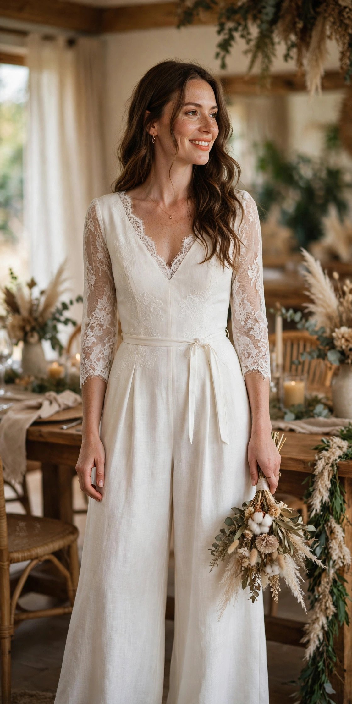 Wide-Leg Bridal Jumpsuit — bride wearing this look at a wedding reception