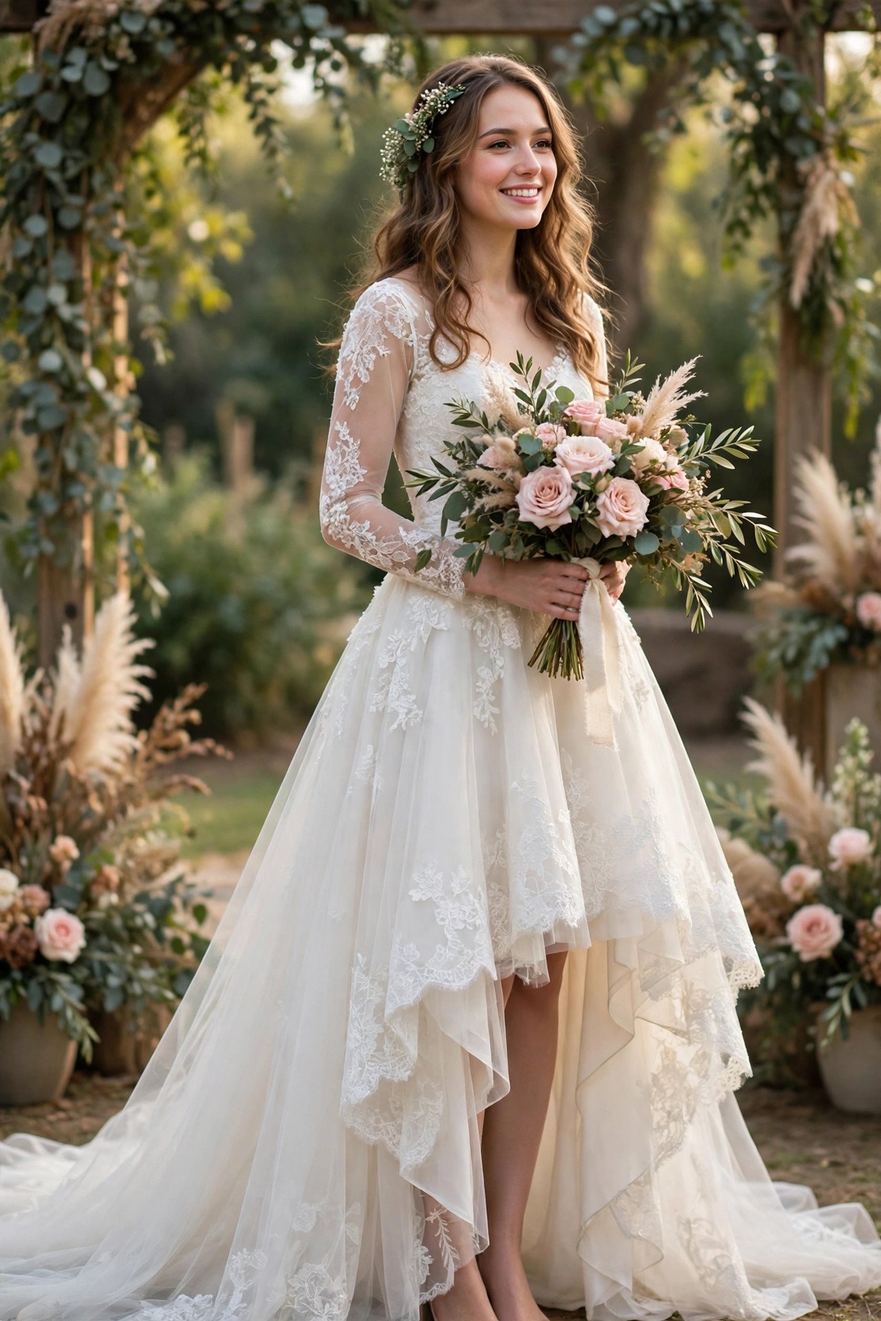 High-Low Hem Showstopper — bride wearing this look at a wedding reception
