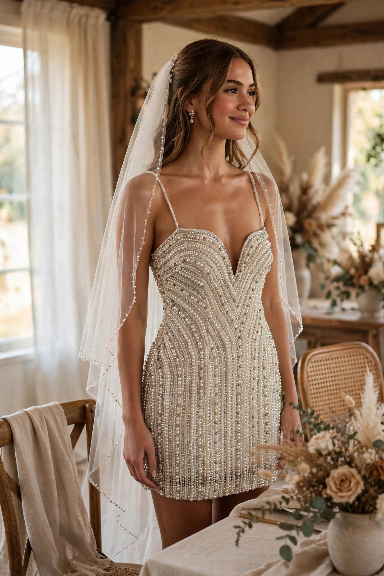 Pearl-Embellished Mini — bride wearing this look at a wedding reception