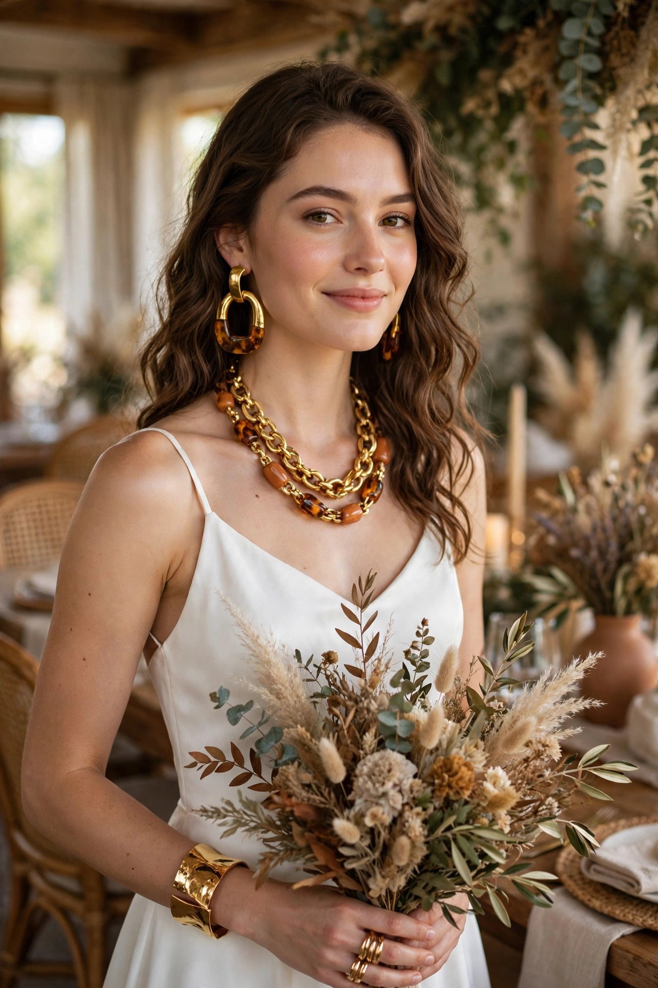 Simple White Dress, Bold Accessories — bride wearing this look at a wedding reception