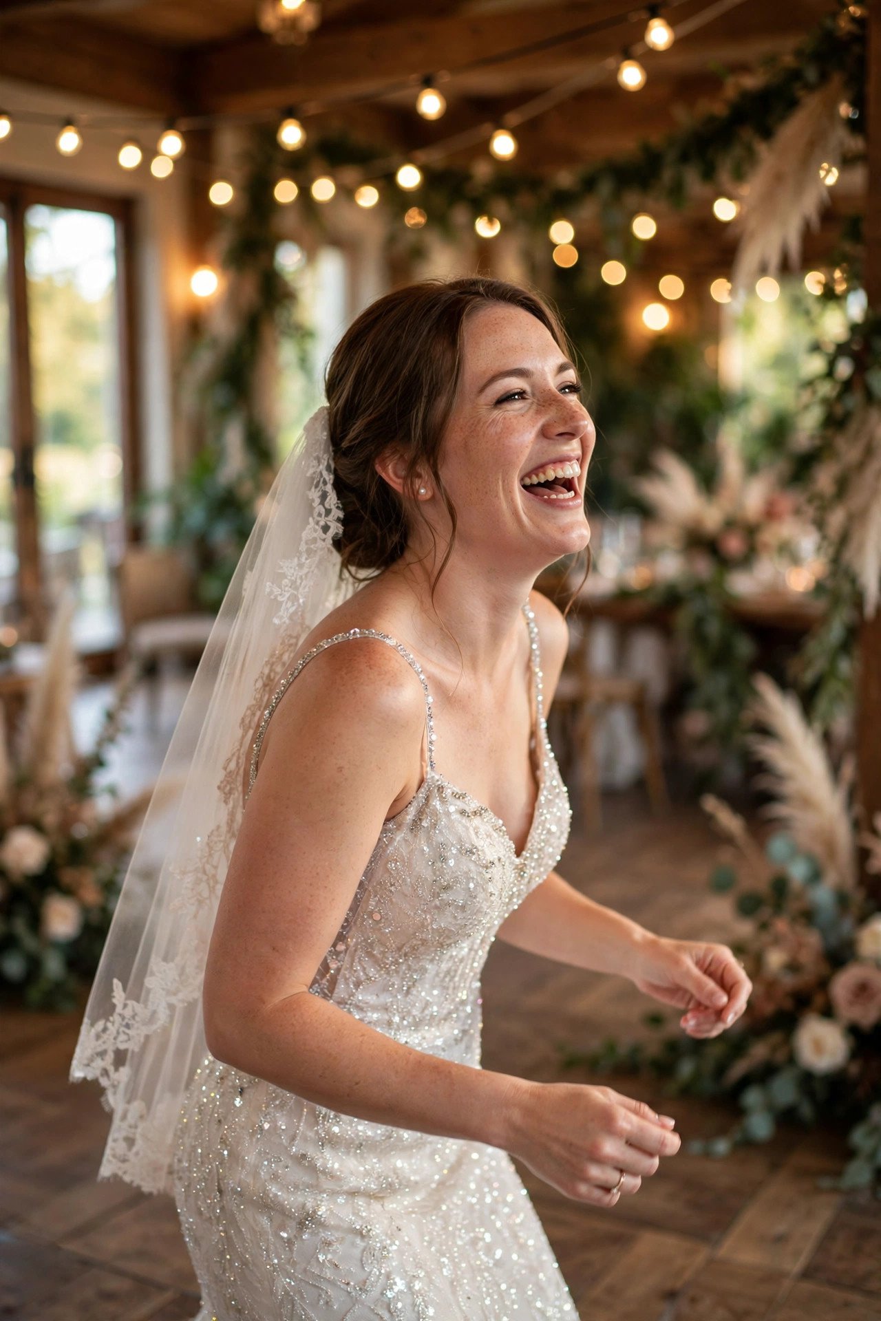 Bride laughing in a sparkling reception dress on a dance floor with string lights