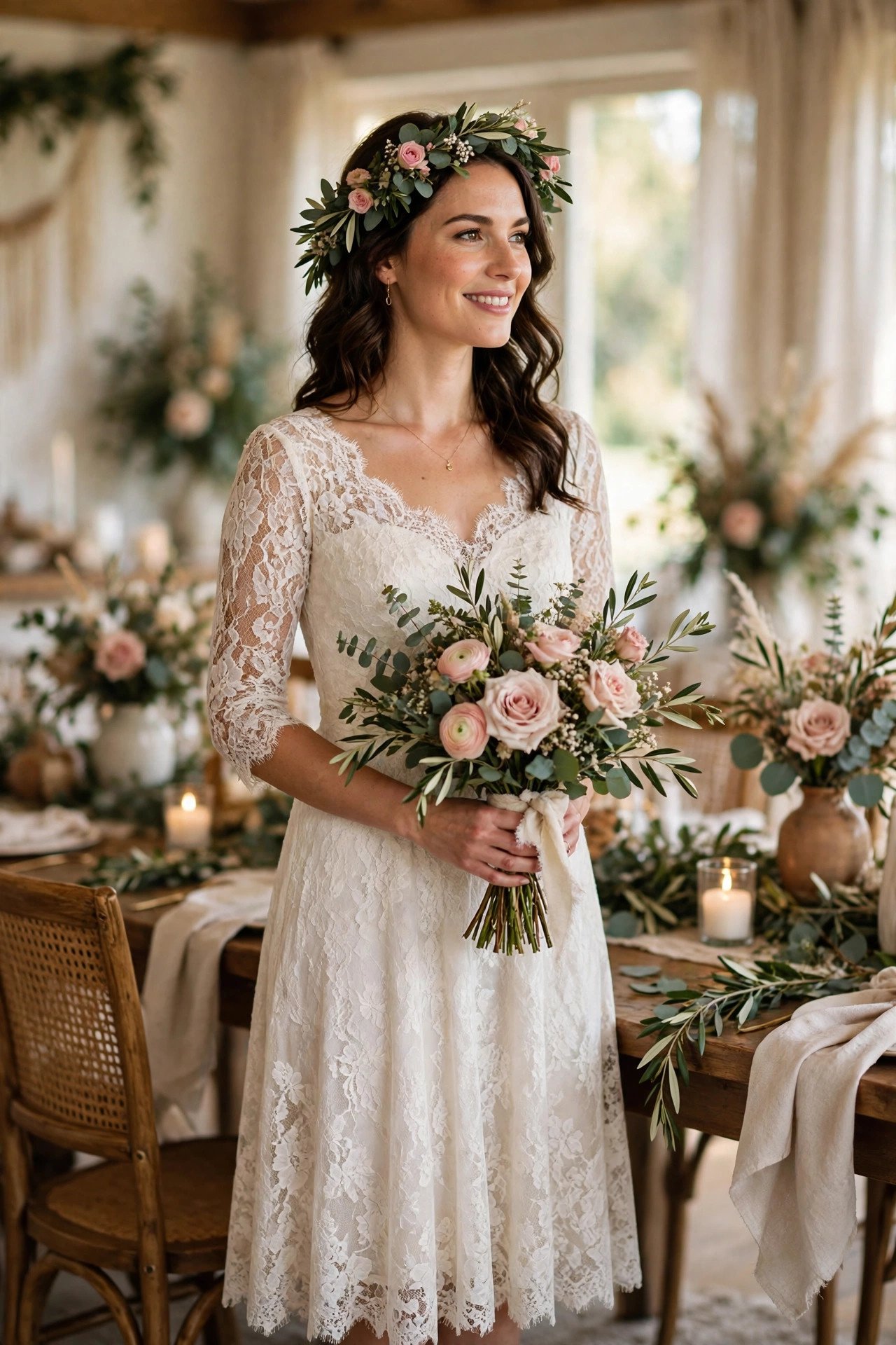 Lace Tea-Length Dress — bride wearing this look at a wedding reception