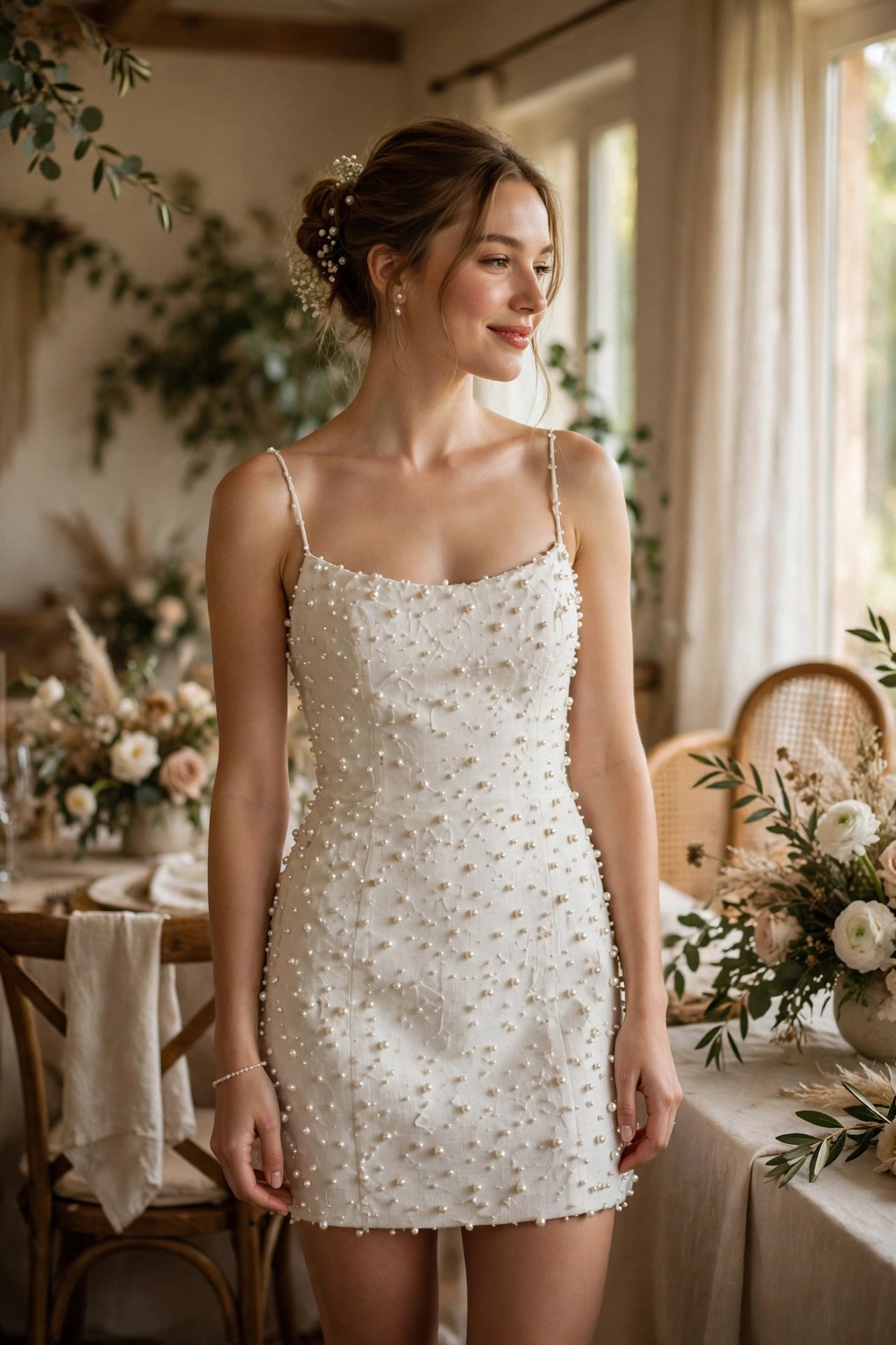 Pearl-Scattered Mini — bride wearing this look at a wedding reception