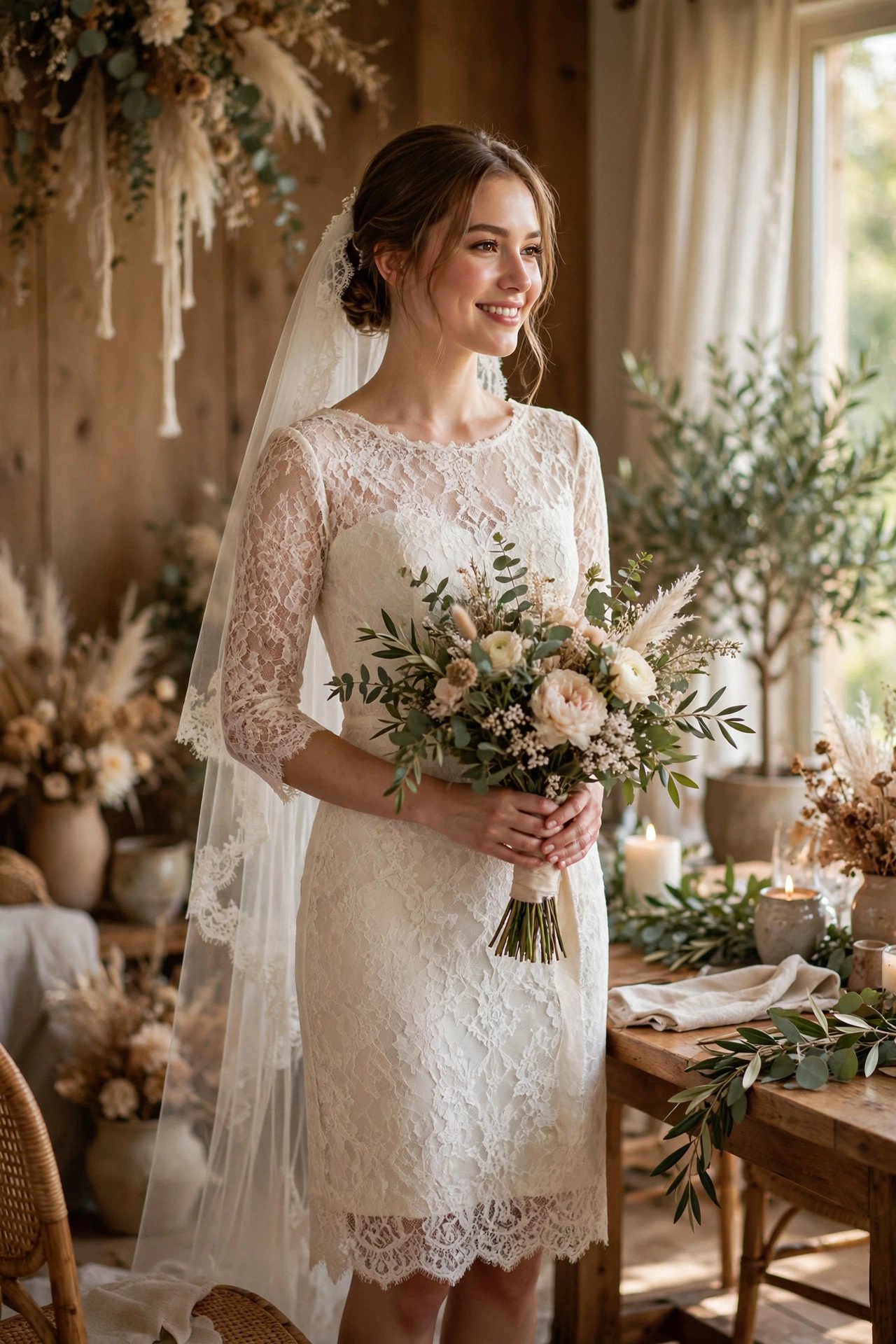 Lace Sheath Knee-Length — bride wearing this look at a wedding reception