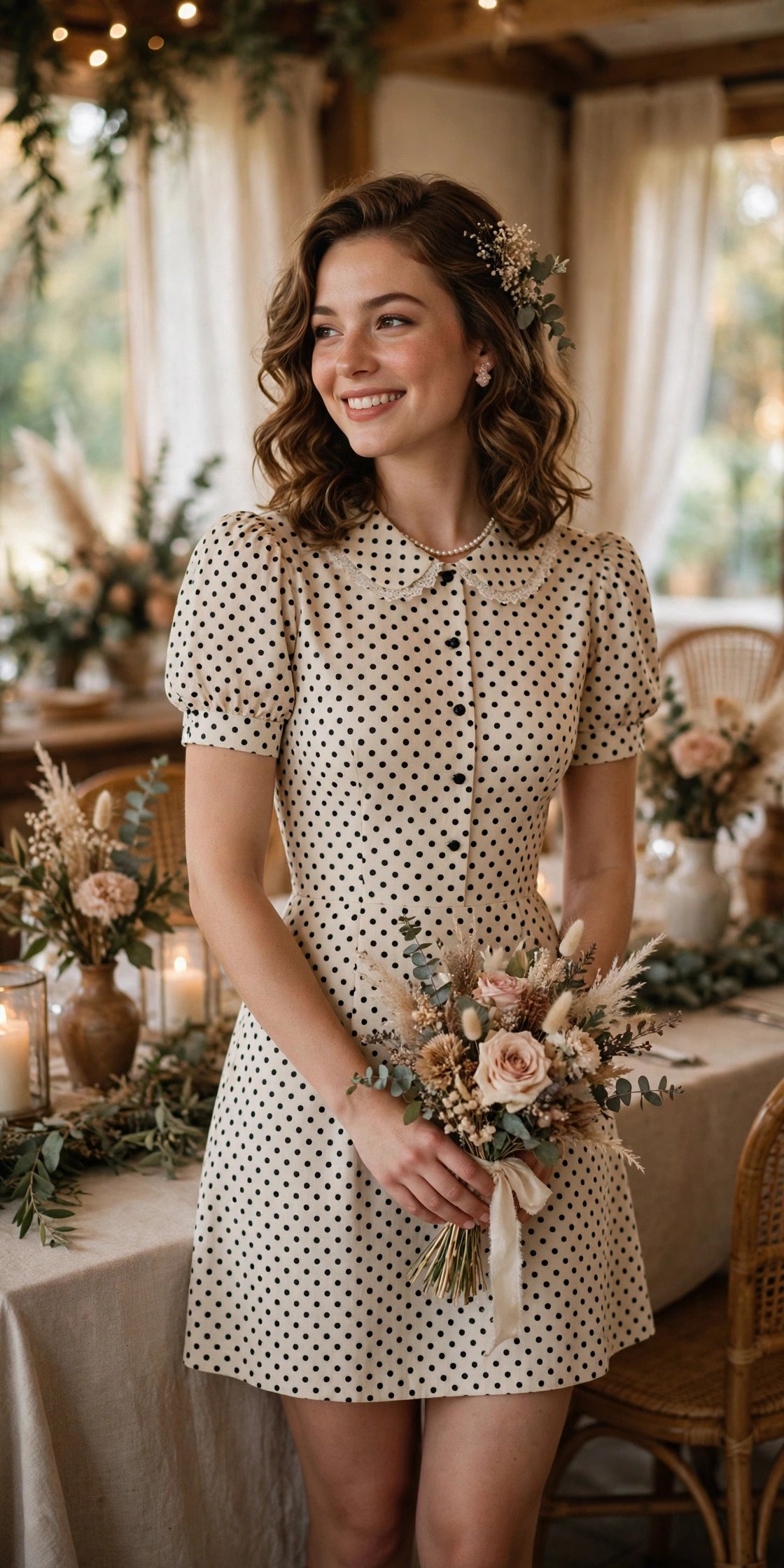 Vintage-Inspired Polka Dot Mini — bride wearing this look at a wedding reception
