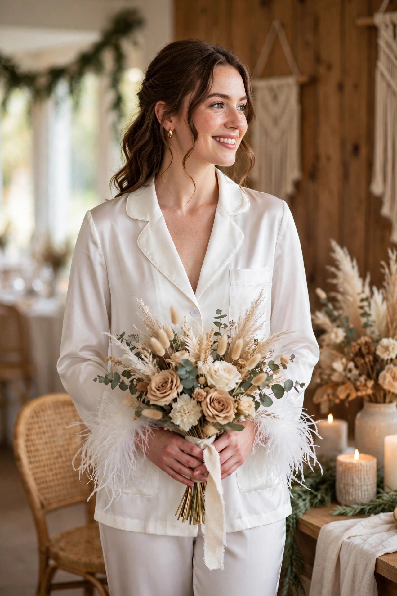 Feather-Trim Satin Set — bride wearing this look at a wedding reception