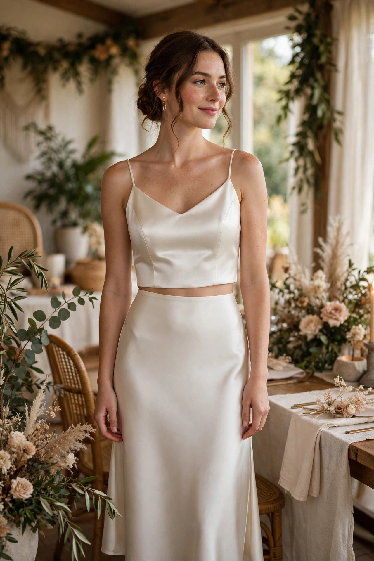 Satin Two-Piece with Midi Skirt — bride wearing this look at a wedding reception