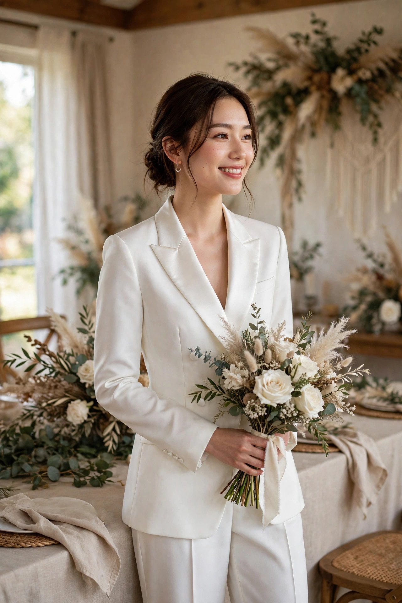 Chic White Trouser Suit — bride wearing this look at a wedding reception