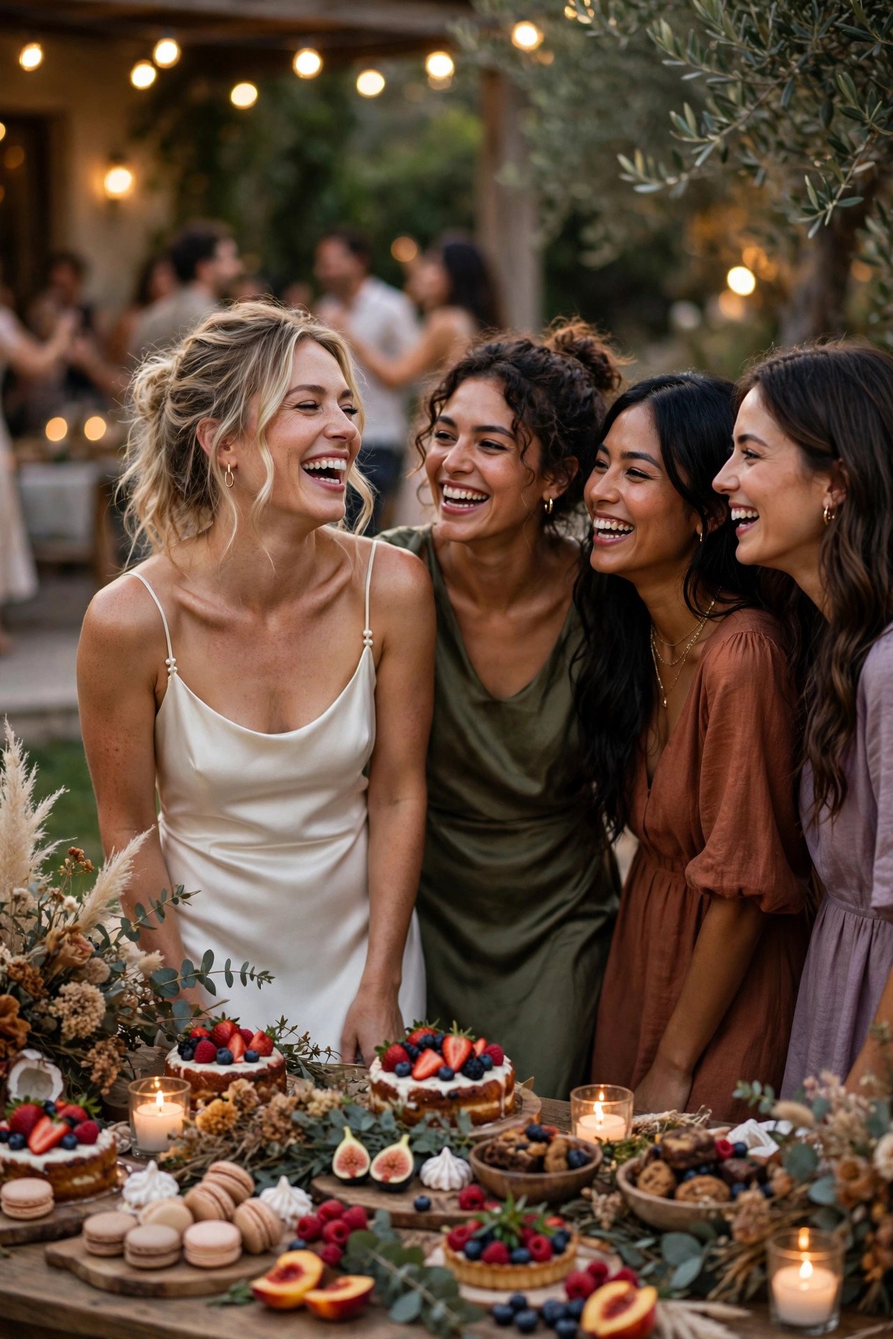 Bride in a chic after party dress laughing with friends at an evening celebration