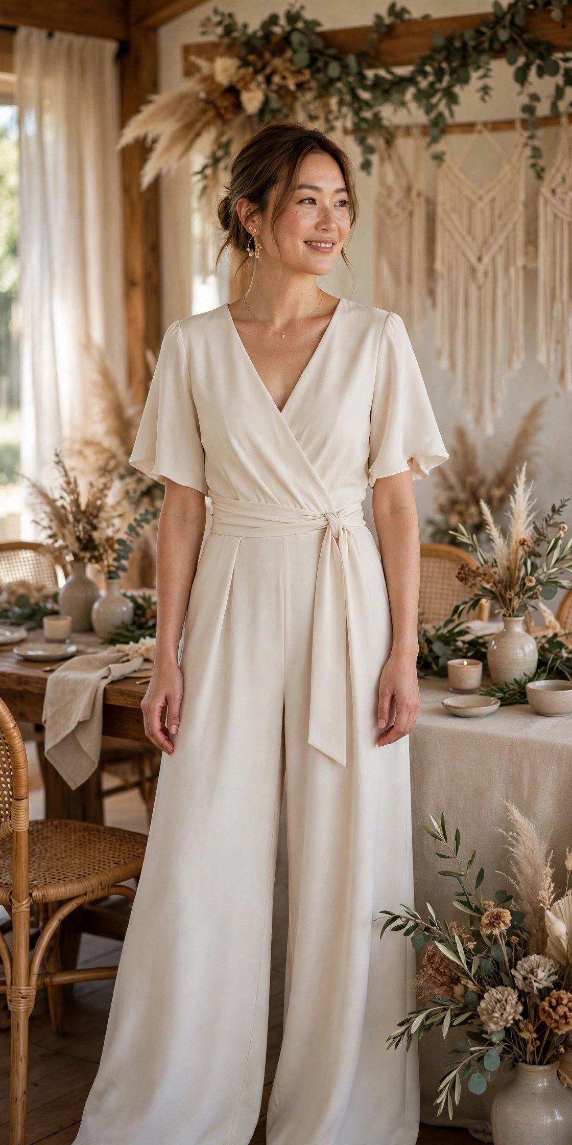 Wide-Leg Crepe Jumpsuit — bride wearing this look at a wedding reception