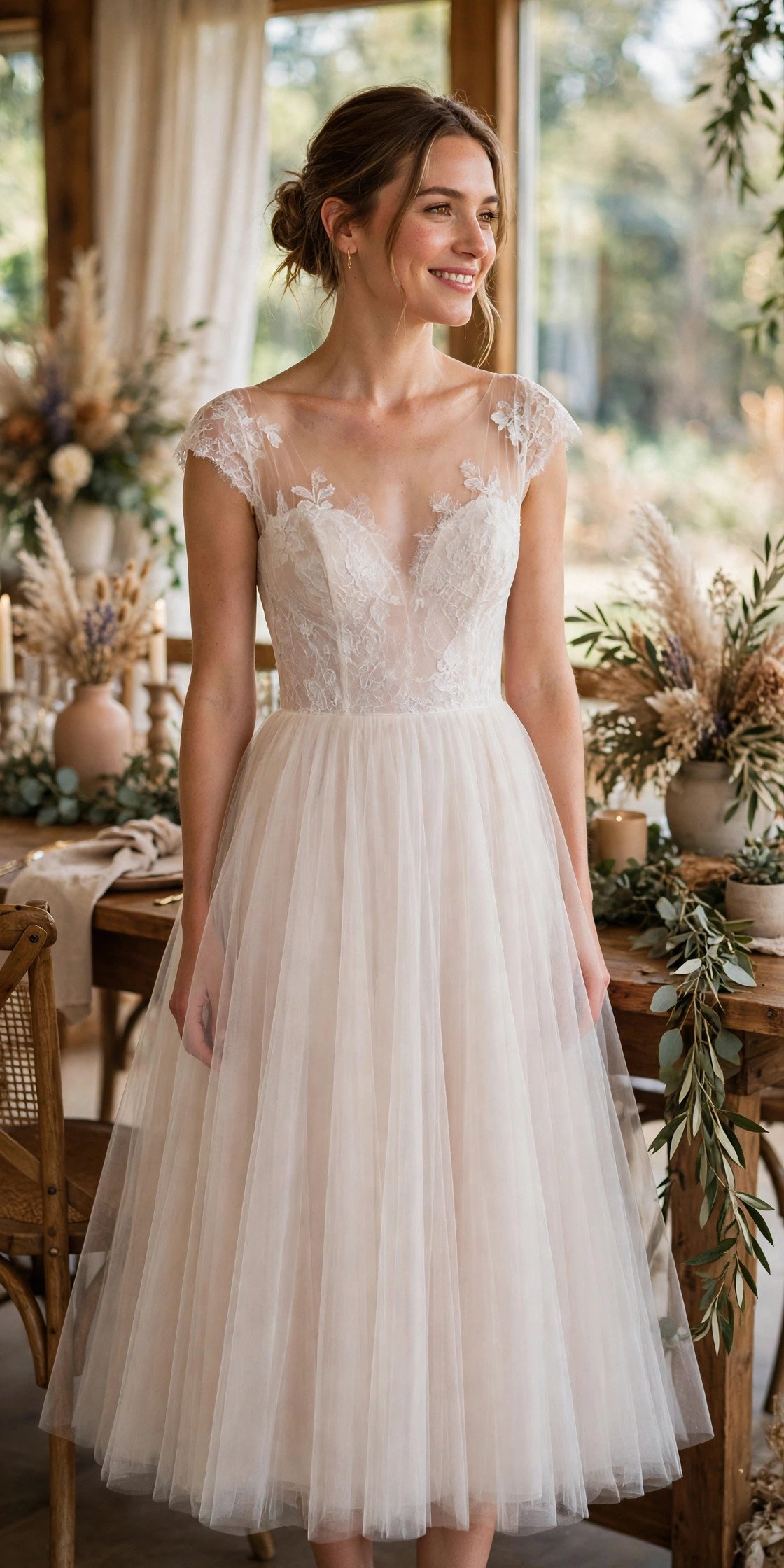A-Line Tulle Midi — bride wearing this look at a wedding reception