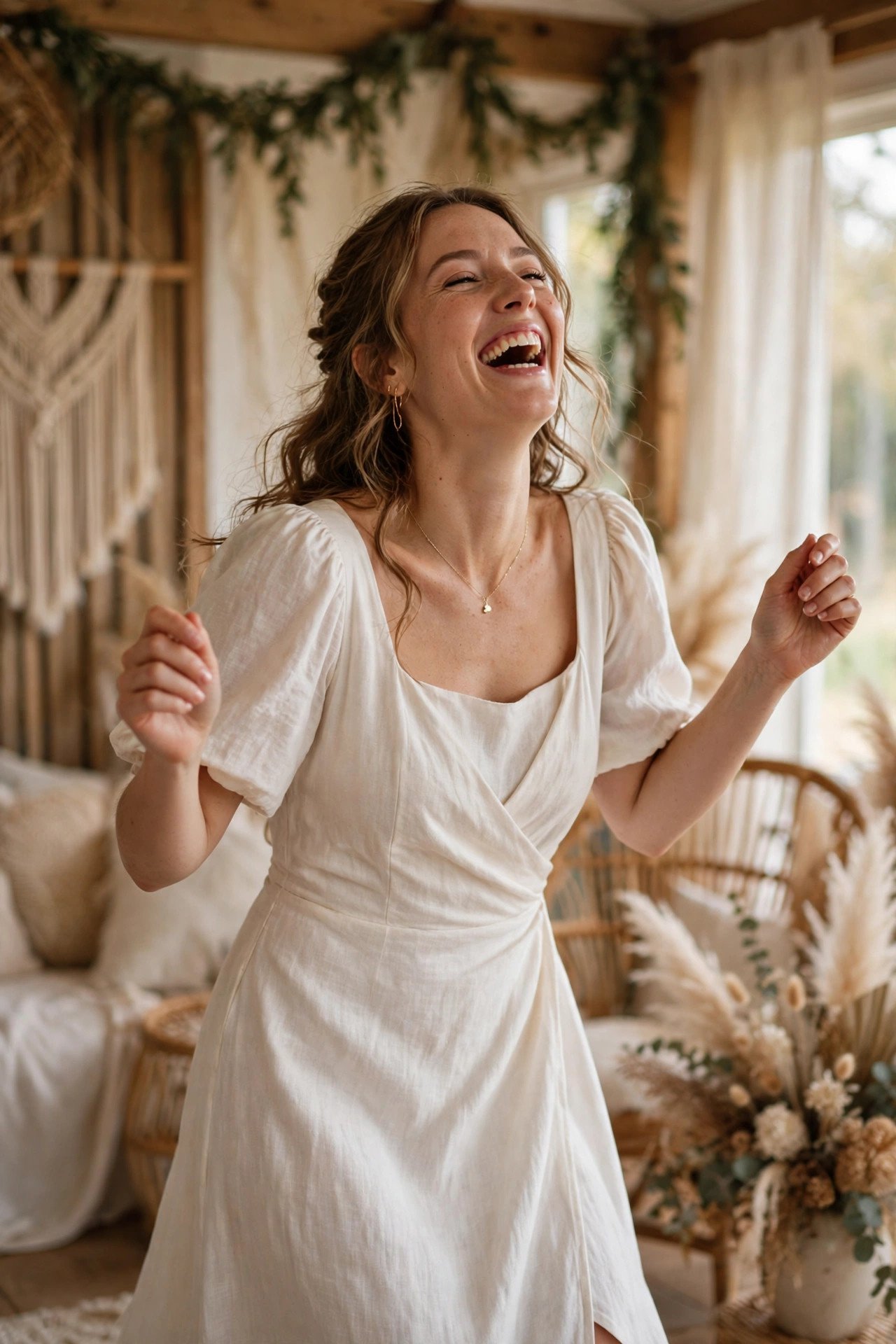 Bride in a comfortable reception dress laughing and dancing with ease