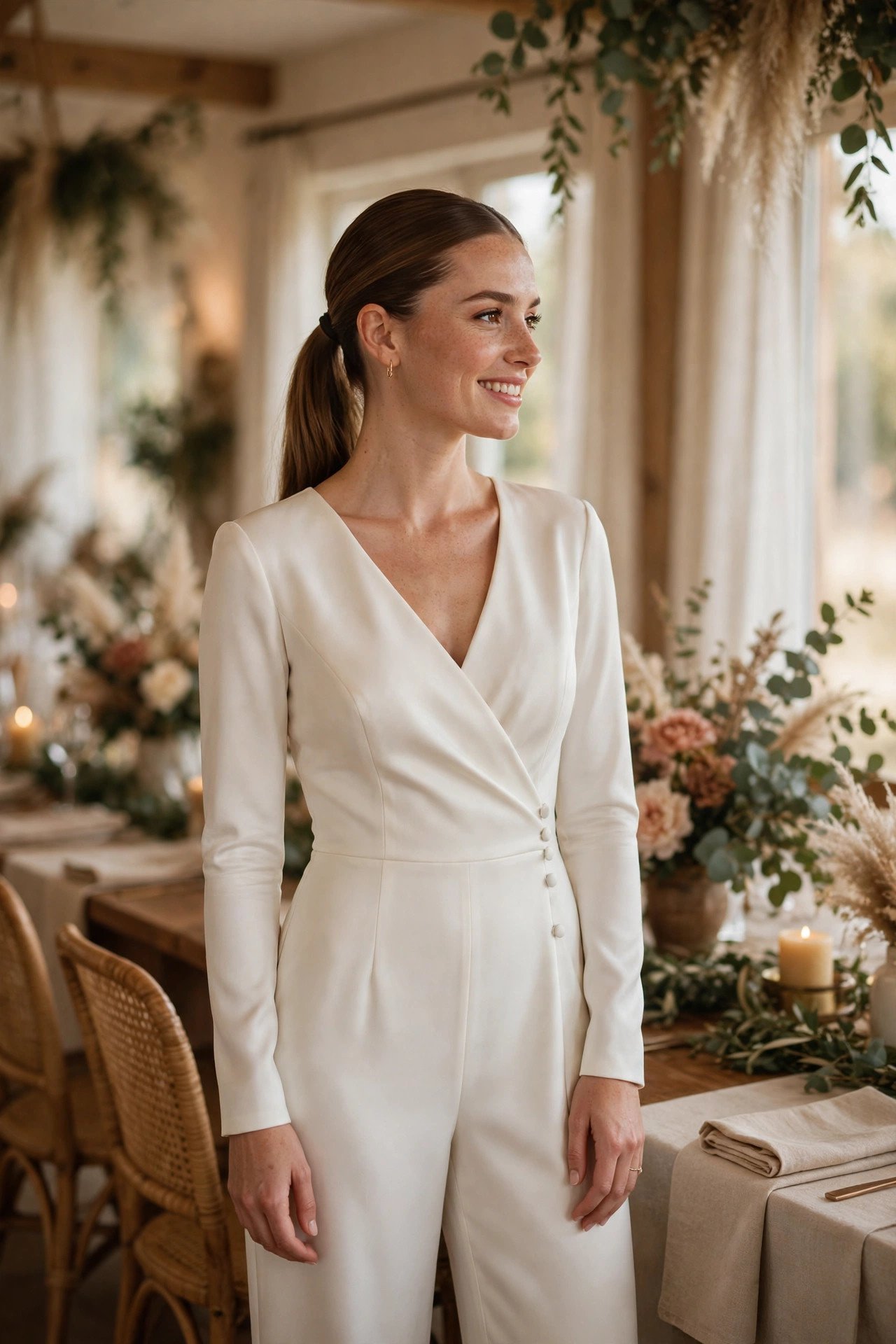 Sleek Ponytail Modern Look — bride wearing this look at a wedding reception